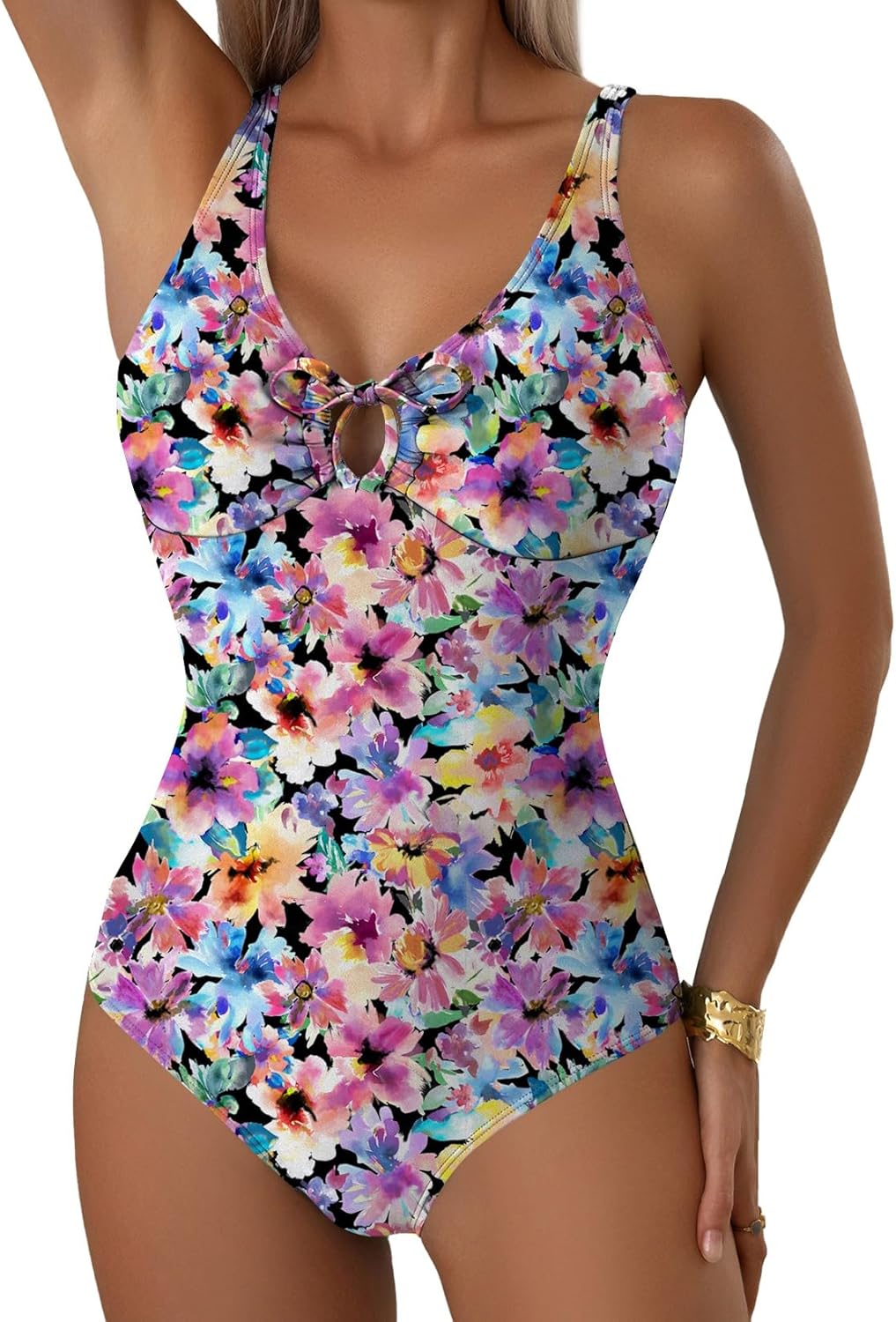 Aleumdr Tummy Control One Piece Bathing Suit for Women V Neck Tie Front Cutout Swimsuit High Cut Slimming Swimwear