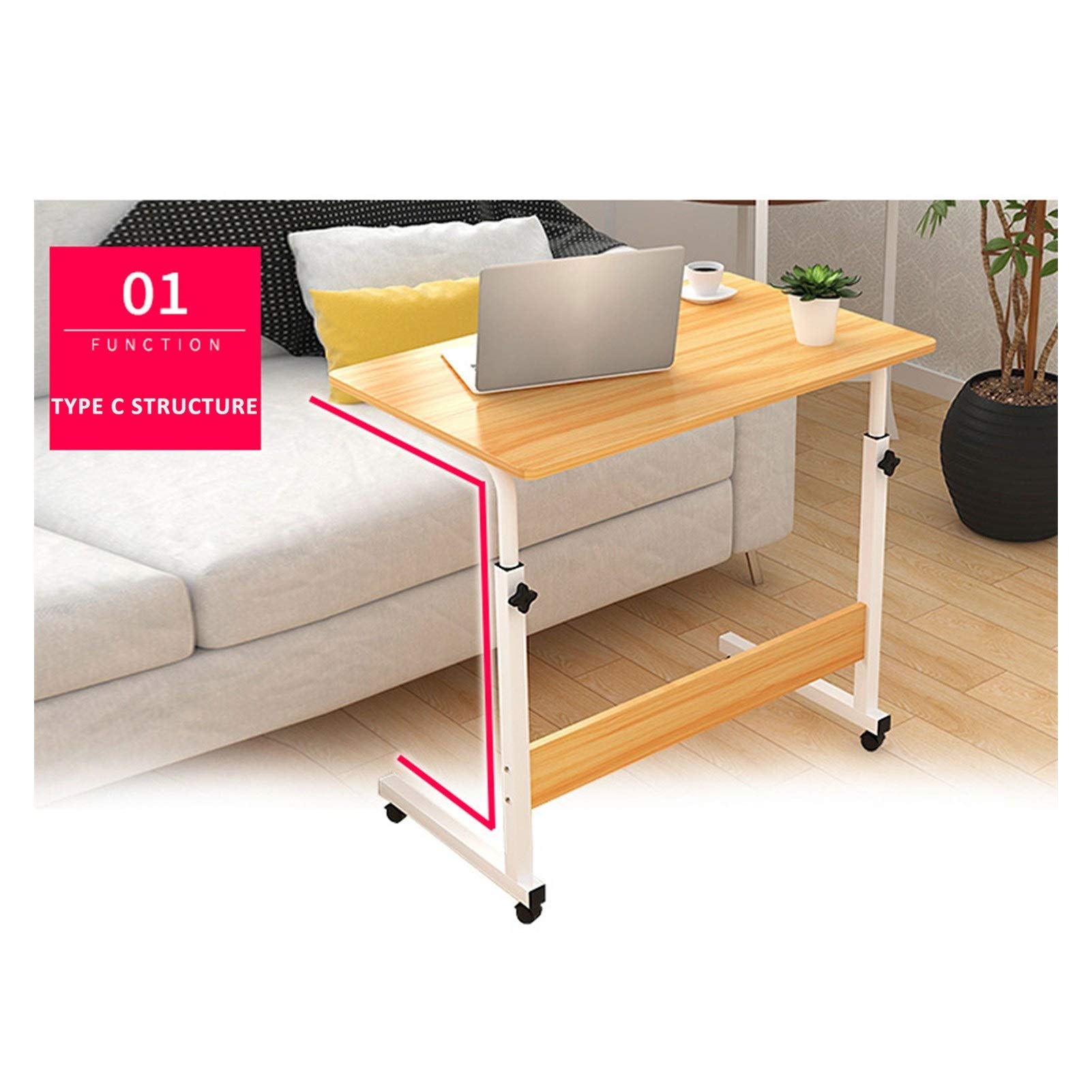 In hoogte verstelbare bijzettafel, C-vormige tafel met wielen | Kleine salontafel voor de bank en woonkamer | Mobiel nachtkastje voor laptop, lezen en