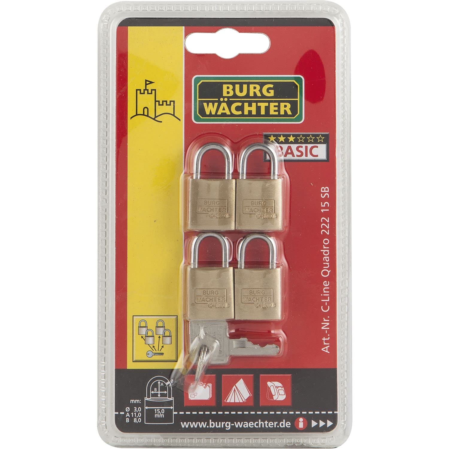 BURG-WÄCHTER Set da 4 Lucchetti, Gancio spesso 6 mm, 4 Chiavi, Quadro 222 40 SB