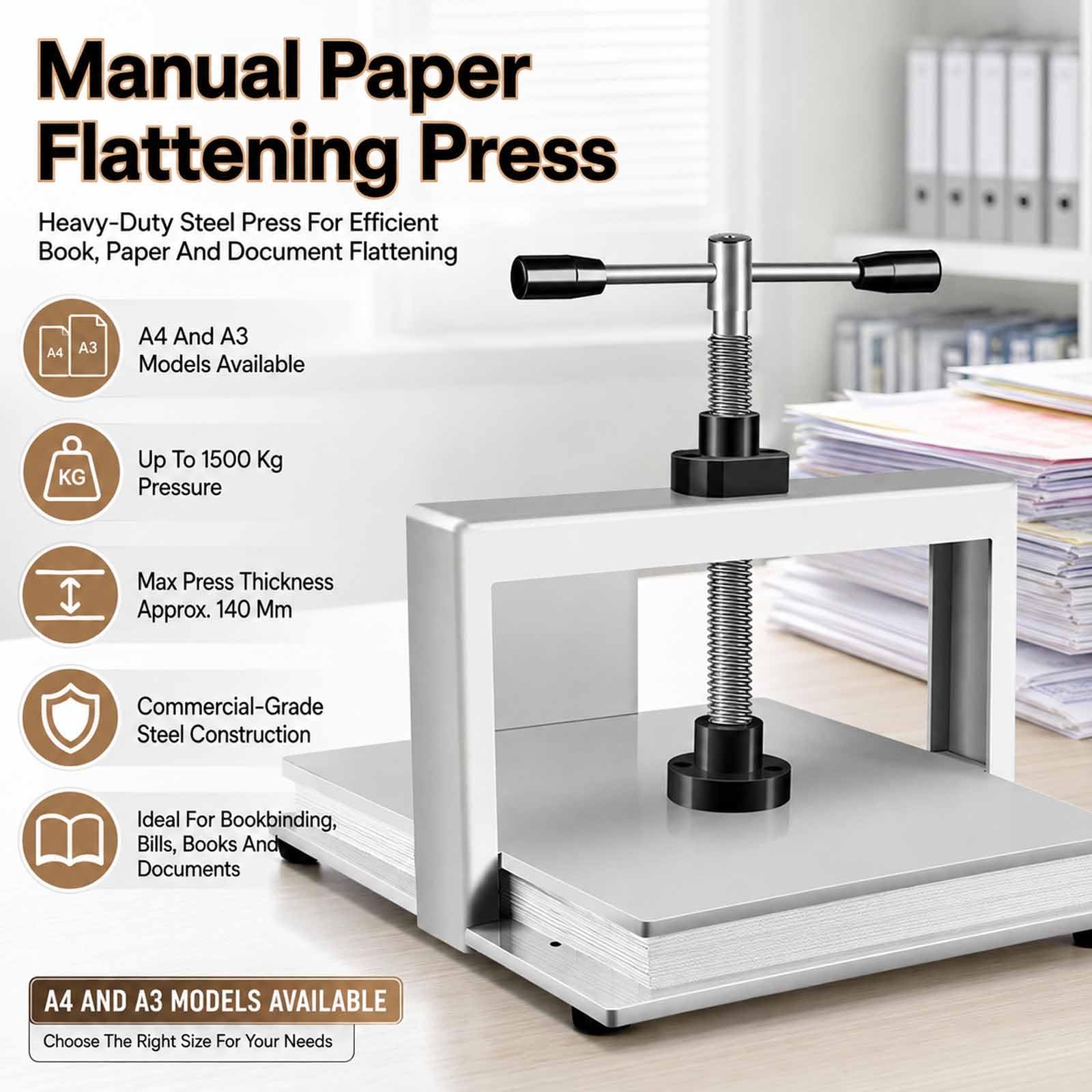 Aplatisseur Manuel De Papier A4/a3, Presse À Reliure Robuste, Construction En Acier, Pression De 1500 Kg, Double Barre Déquilibrage En Acier Durable, Pour La Fabrication De Papier Livres Null A3