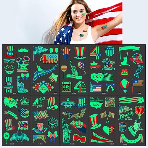 ALIBBON 10 hojas de tatuajes patrióticos que brillan en la oscuridad, tatuajes temporales del 4 de julio, tatuajes de bandera estadounidense,