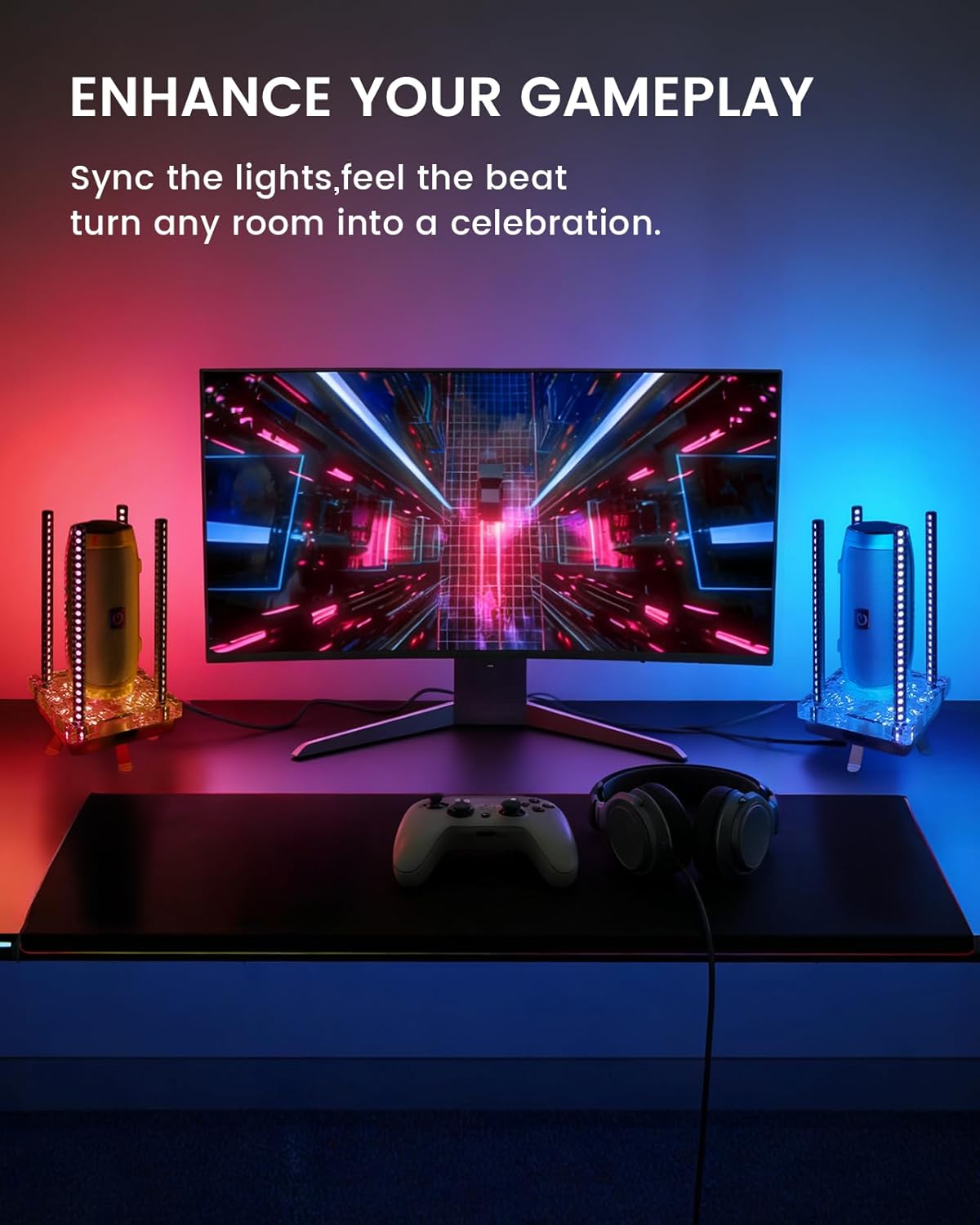 Music Sync RGB Ambient Light, App Controlled & Sound Reactive Audio Visual Lighting for Gaming Desk, Party & Desk Setup (Grey)