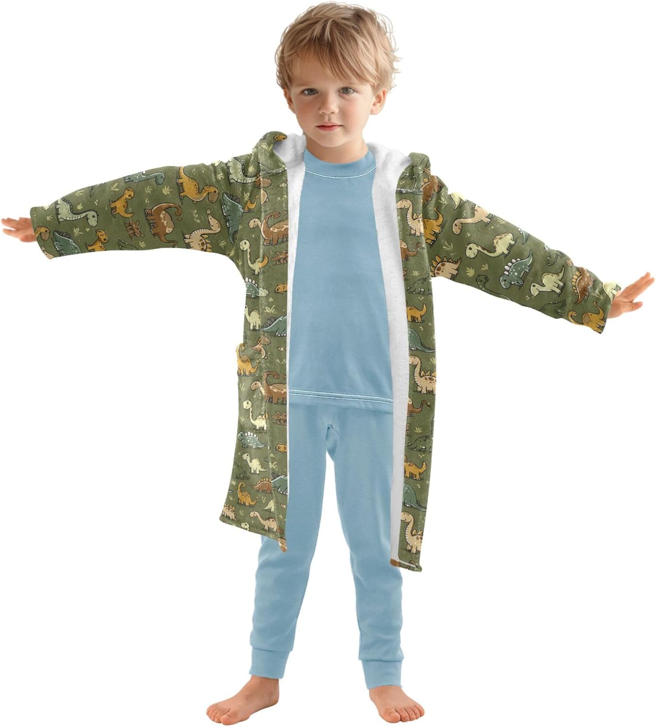 Cute Cartoon Dinosaurs Bathrobe Hooded PJ Robe Soft Fleece Robe Sleepwear 2-12 Years