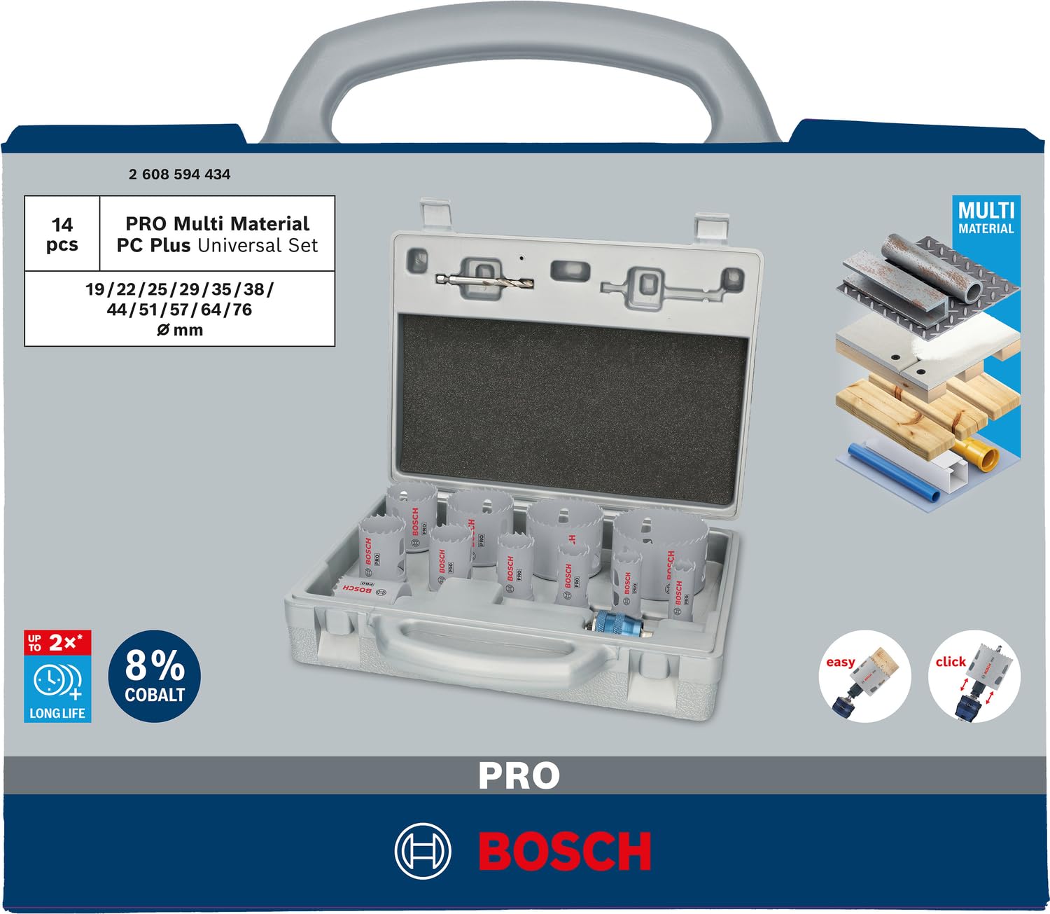 Bosch Pro Multi Material Power Change Plus - Set di 14 seghe a tazza per legno tenero, muro a secco, Ø 19 – 76 mm, accessori professionali, trapano/cacciavite)
