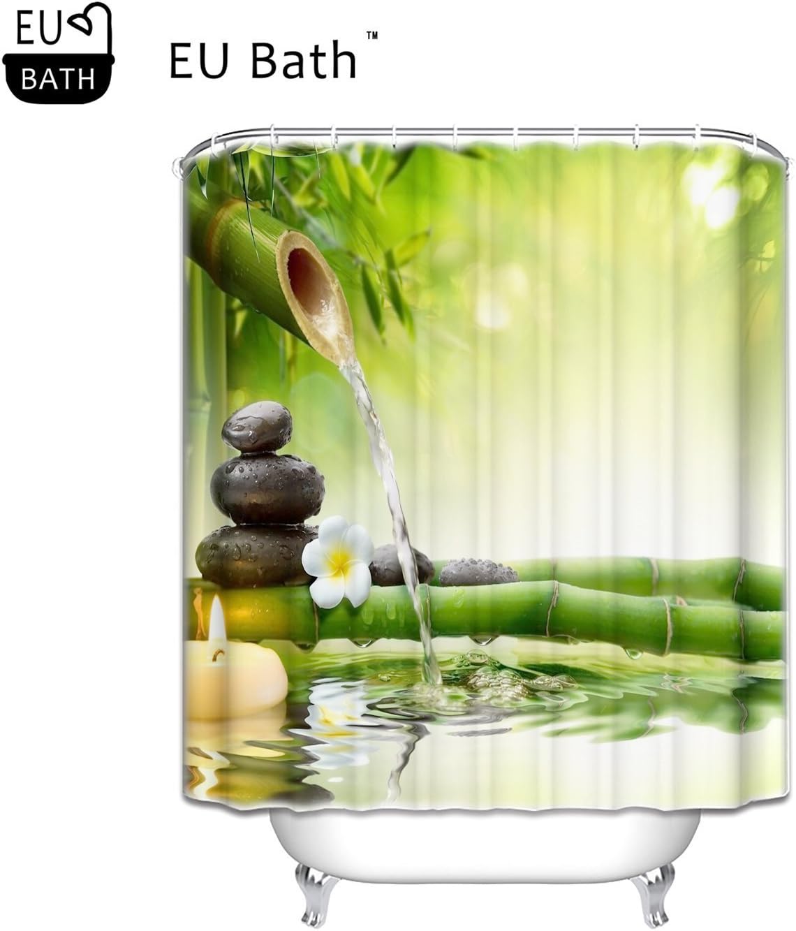 EU Bath Custom Print Design Zen Garden Jasmine Flower Relaxation Green Bamboos Yellow Candles Waterproof Shower Curtain Spa Decor Bathroom Decoration Mildew Waterproof66"(w) x 72"(h)