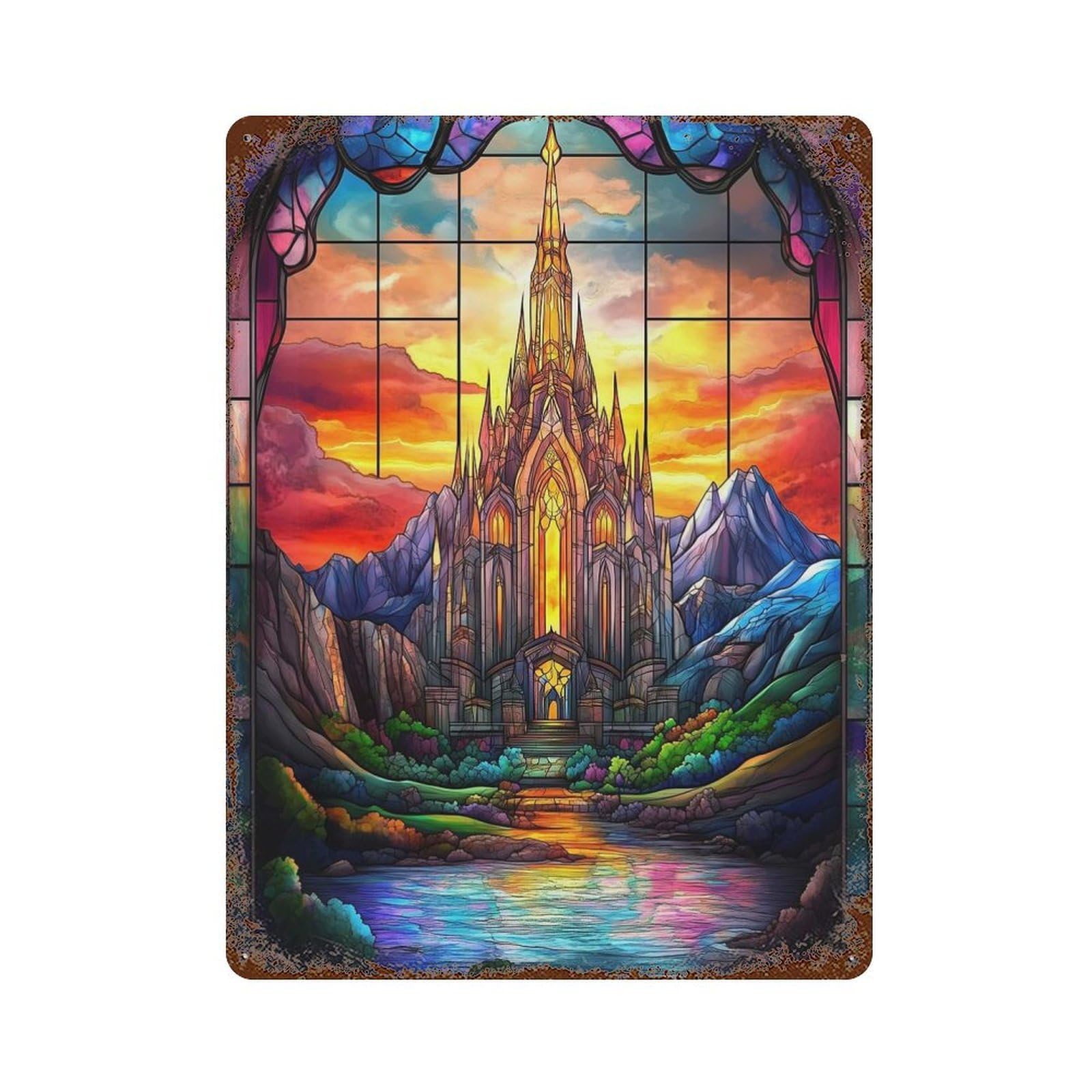 Stained Glass Fantasy Castle Rustic Tin Plaque 15.7"x11.8", for Living Room, Hallway And Home Decor, Decorative Metal Wall Art