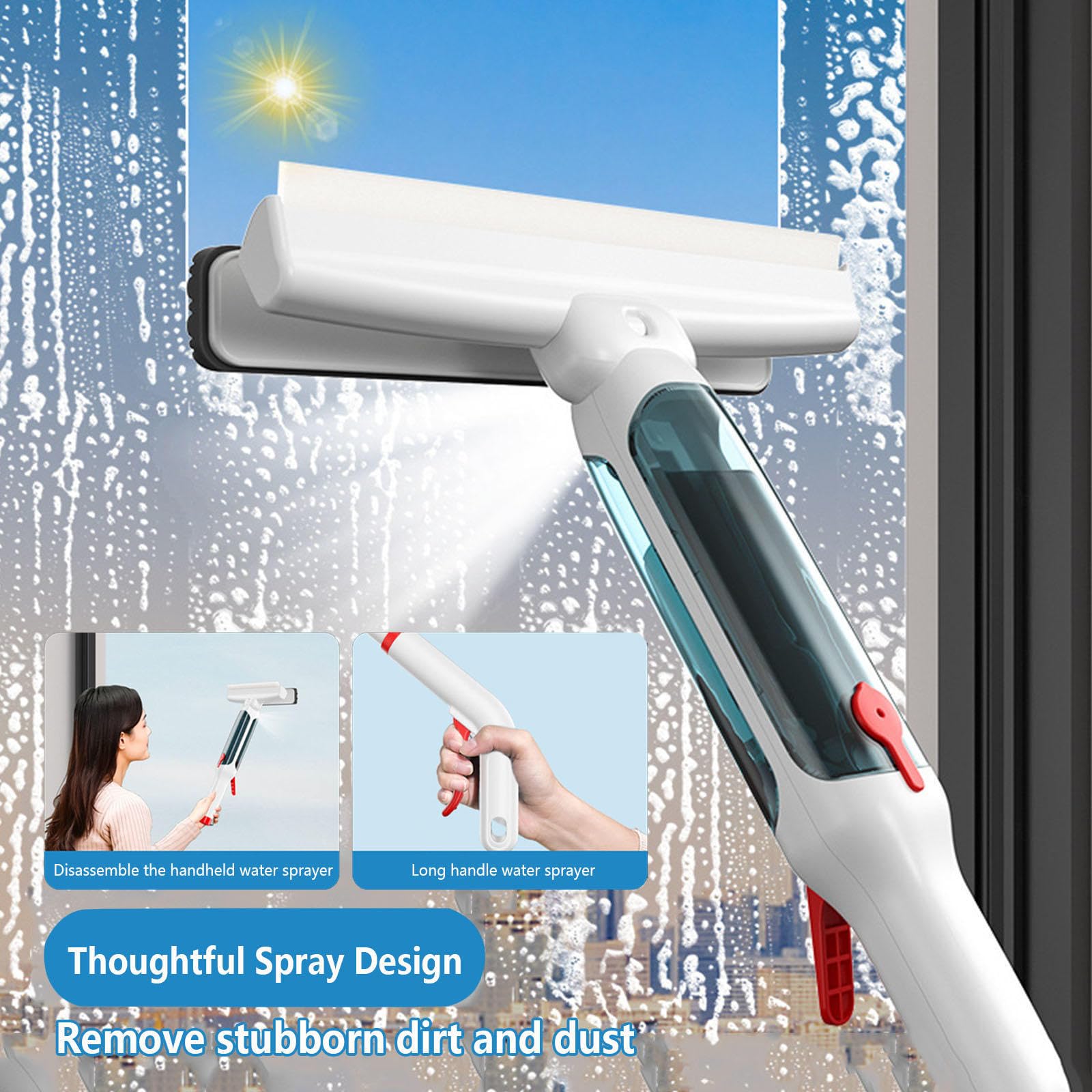 Limpiacristales de 75 pulgadas para el hogar con poste de extensión de 4 secciones, limpiador de ventana 4 en 1, kit profesional inalámbrico de limpieza de ventanas con colector de aguas