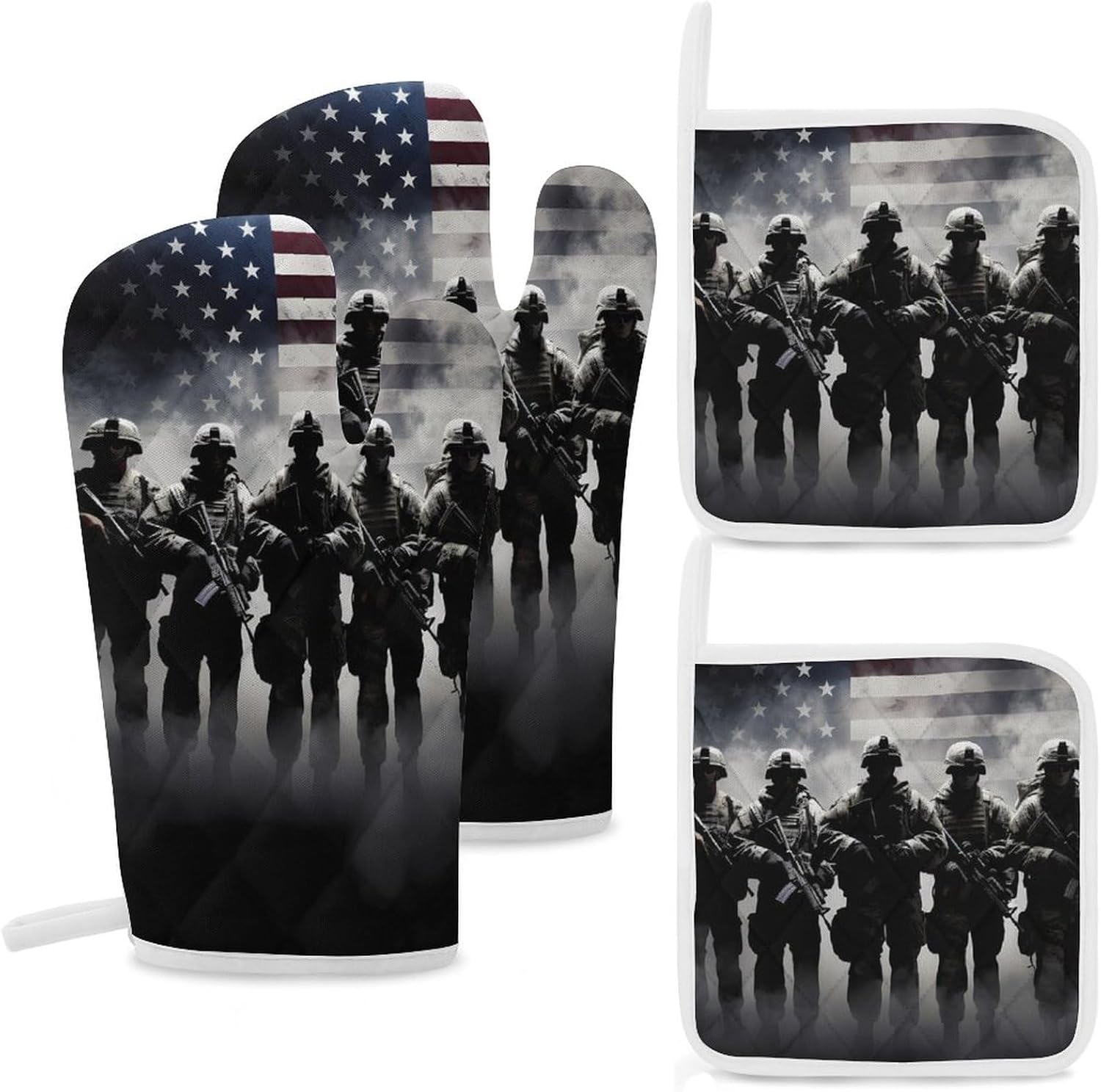 Grunge American Army Soldiers with Flag 4 Pcs Oven Mitts and Pot Holders Set High Heat Resistant Long Kitchen Oven Glove Potholders