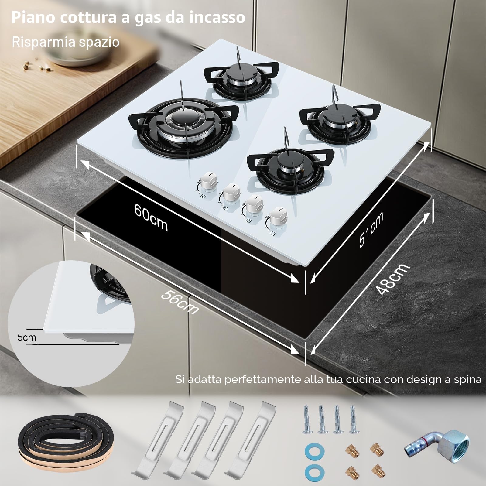 Piano Cottura 4 Fuochi Gas, TopStrong Piano Cottura Vetro Incasso 60cm, Fornello a Gas Naturale/Propano, Vetro Bianco, Protezione Flame-Out, Griglie Smaltate, 8060W