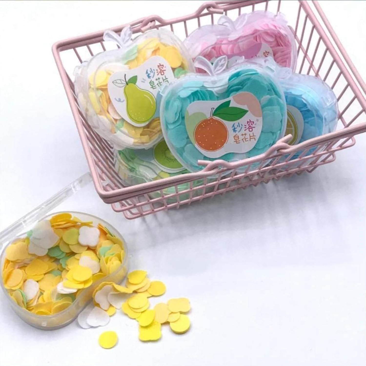 RUSEELA Trave Paper Soap for Kids, Apple Shape Plastic Storage Box Hand Wash Paper Soap for Girls/Boys Easy-To-Use Flower Petals for Clean & Clear - Pack of (1) 4