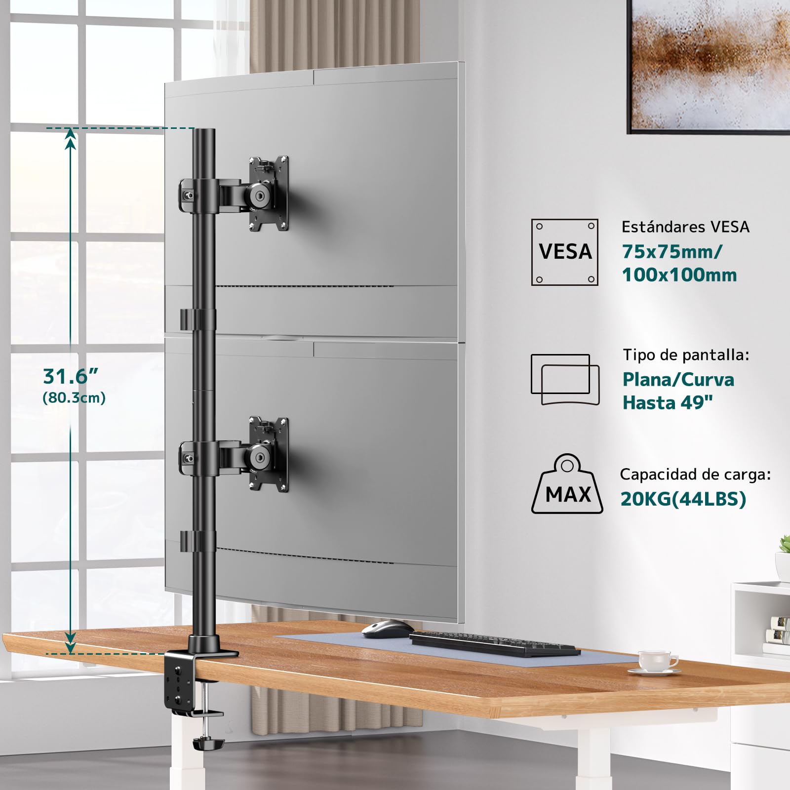 Soporte Vertical Monitor Doble, Soporte de Pantalla apilable Vertical de 803 mm con Poste Extra Alto para monitores de 17”- 49” con rotación de inclinación, Peso de 2-20 kg por Brazo VESA 75/100 mm