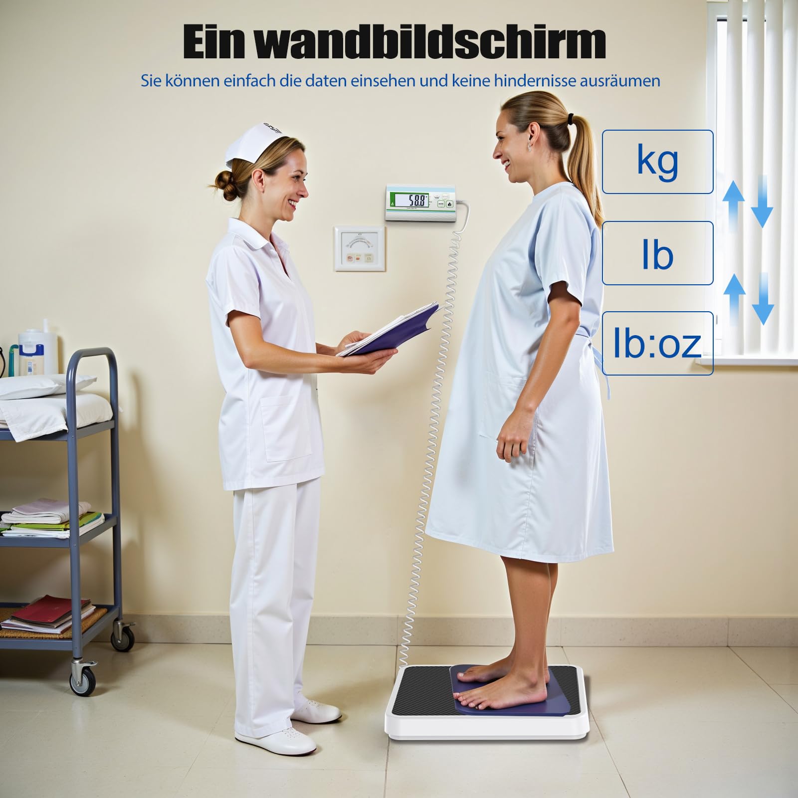 Medizinische Schwerlastwaage bis 300kg-Personenwaage separates Display | Digitale Plattformwaage mit 20g-Teilung, Tara & Hold-Funktion. Robuste Edelstahl-Körperwaage für Klinik, Praxis & Adipositas