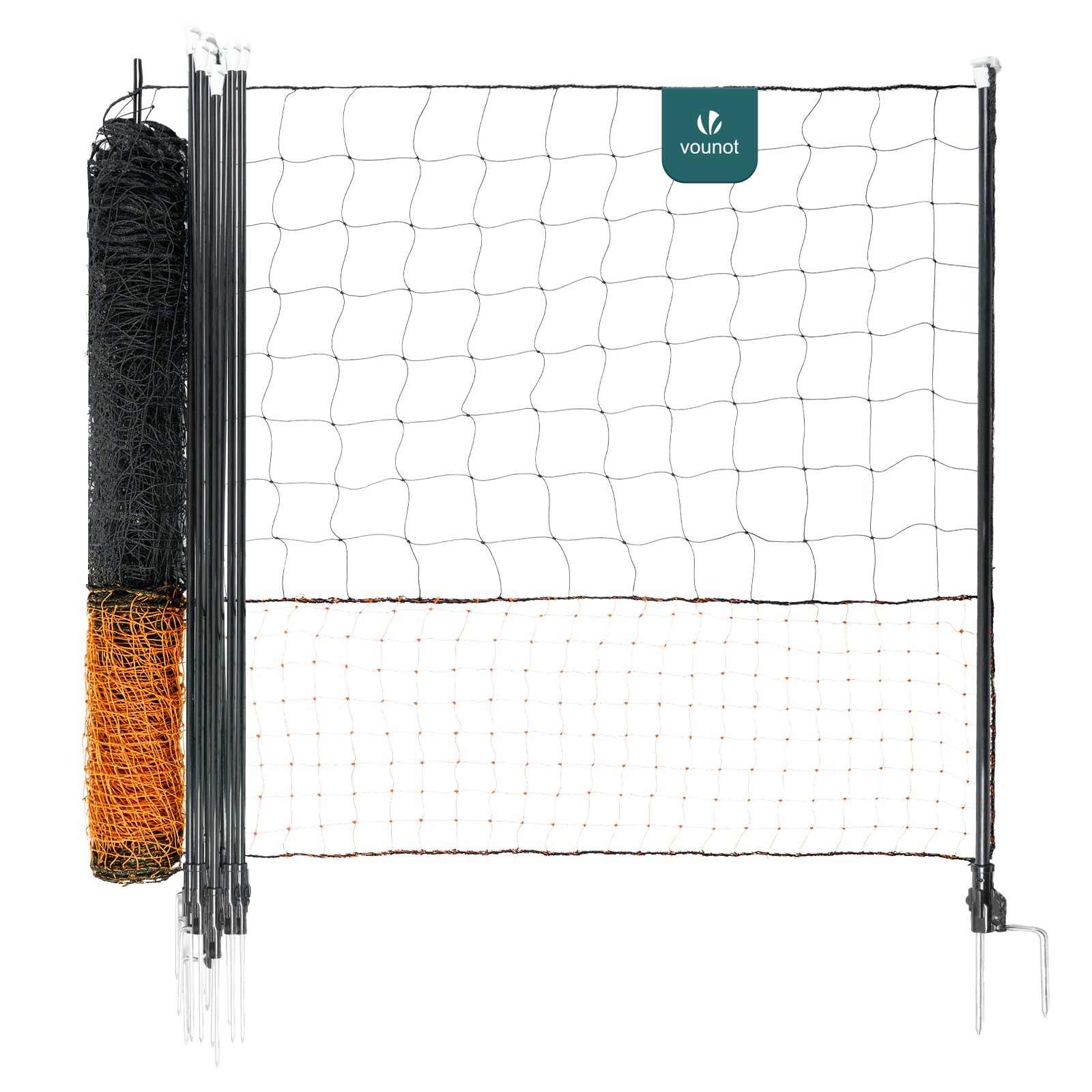 VOUNOT® Kit Valla de Red para Gallinas 30M con Puerta Malla Gallinero PE Resistente Rollo Cercado Valla Pollo Cerca Red Protección para Aves de Corral con Estaca Doble Punta para Pollos Jardín Naranja