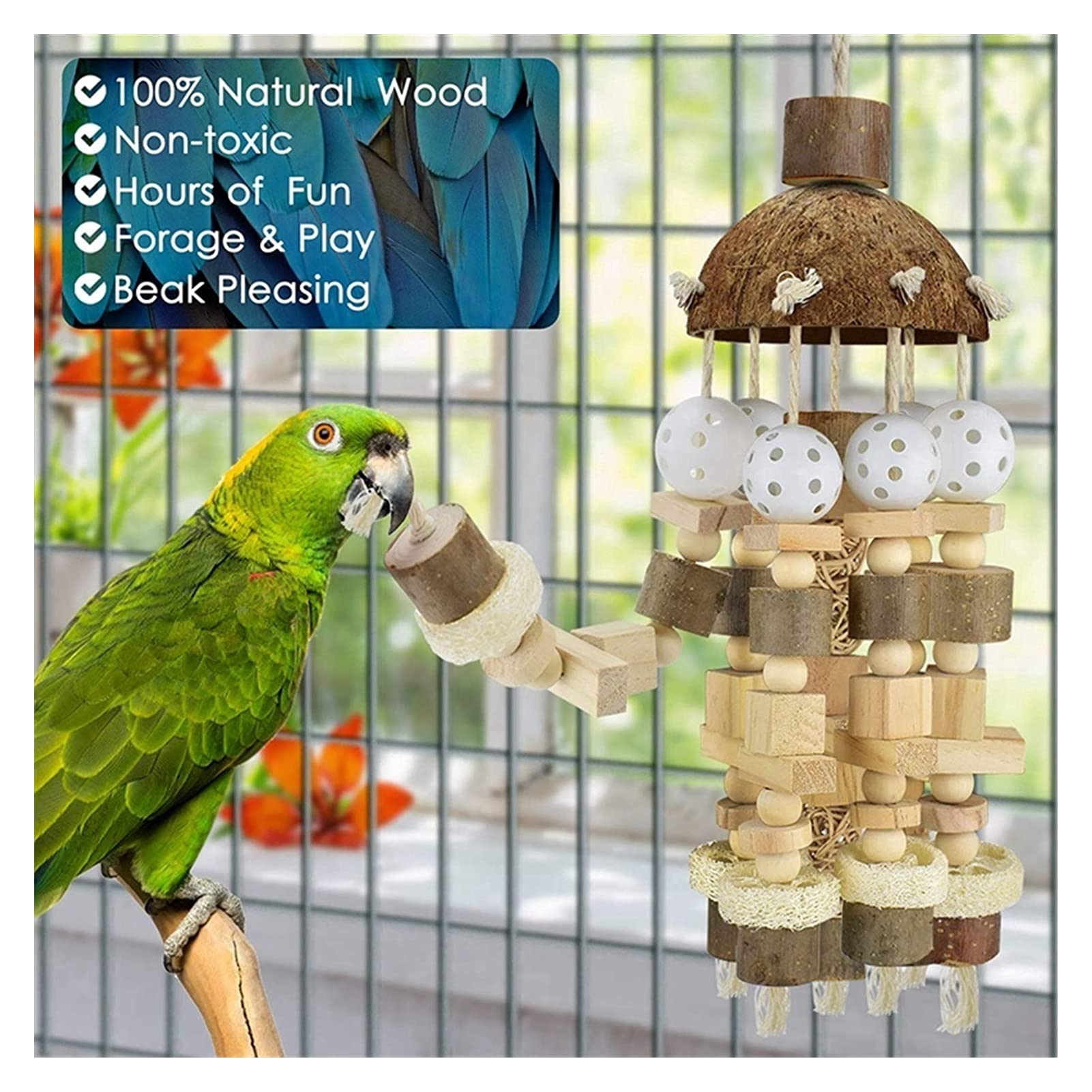 Vogelspielzeug Vogel Papageispielzeug, großes Papageispielzeug Natürliche Holzblöcke Bird Chewing Spielzeug Papagei Käfig Biss Spielzeuganzüge für Macaws Papageien