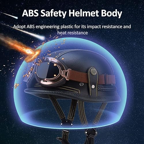 Miniatura 3 de Casco de media cara de cuero alemán para motocicleta, aprobado por DOT, casco de media carcasa + gafas, casco retro con hebilla ajustable de