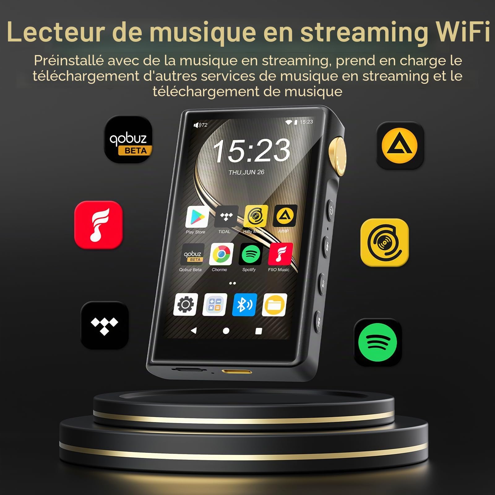 Lecteur MP3 HiFi avec Bluetooth et WiFi, Lecteur de Musique Haute résolution ZAQE Android 12, DAC DSD sans Perte Flac, Équipé d'une Carte mémoire de 64 Go, Prend en Charge jusqu'à 512 Go