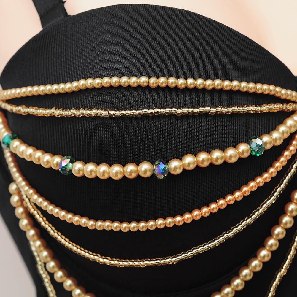 ROYAL SMEELA Black Sequin Bustier Crop Top with Chain Gemstone Detail Adjustable Straps for Evening Parties Special Events