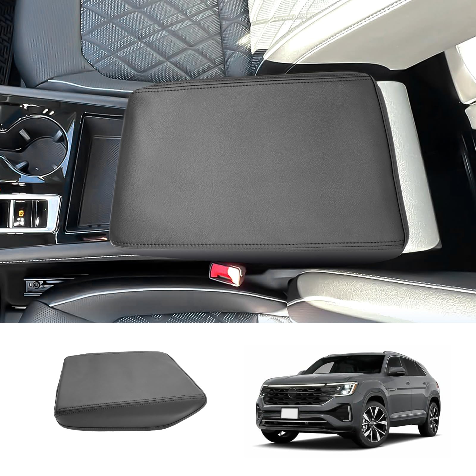 Coleya 2024 2025 2026 Atlas Center Console Cover for VW Atlas All Trims (SE/SEL/SEL R-Line/SEL Premium R-Line), Waterproof&Comfy Leather Armrest Cover