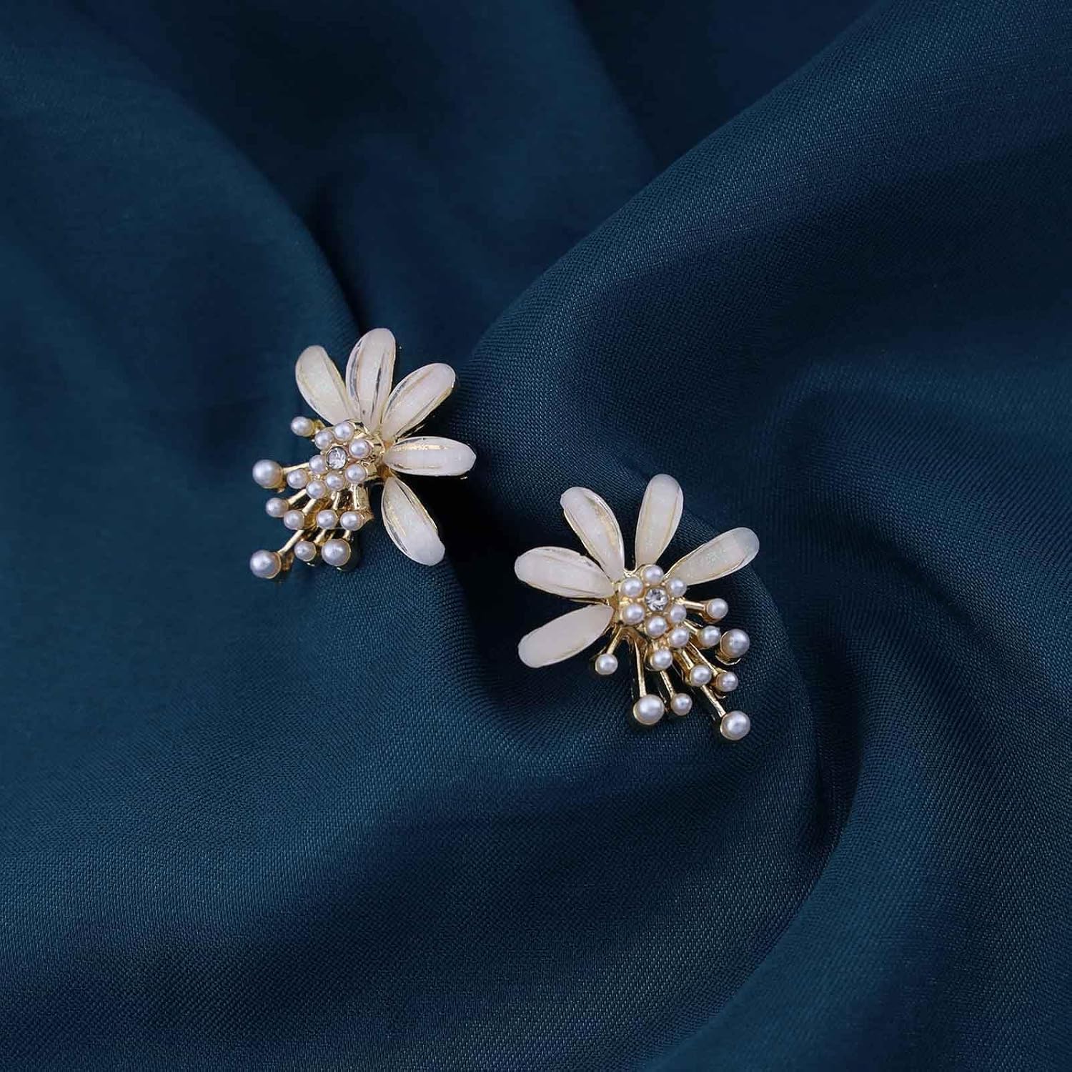 Bohemian Pearl Flower Stud Earrings Gold Cluster Pearl Earrings Enamel Flower Petal Earrings Crystal Pearl Flower Earrings Jewelry for Women - Image 3