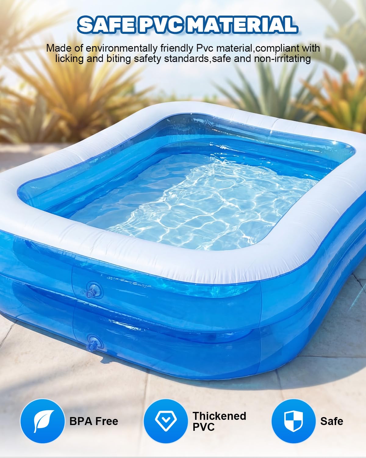 Piscine familiale gonflable pour enfants et adultes, pataugeoire en PVC épais avec drainage rapide, piscine de jardin résistante aux fuites pour intérieur et extérieur, 200 x 150 x 50 cm