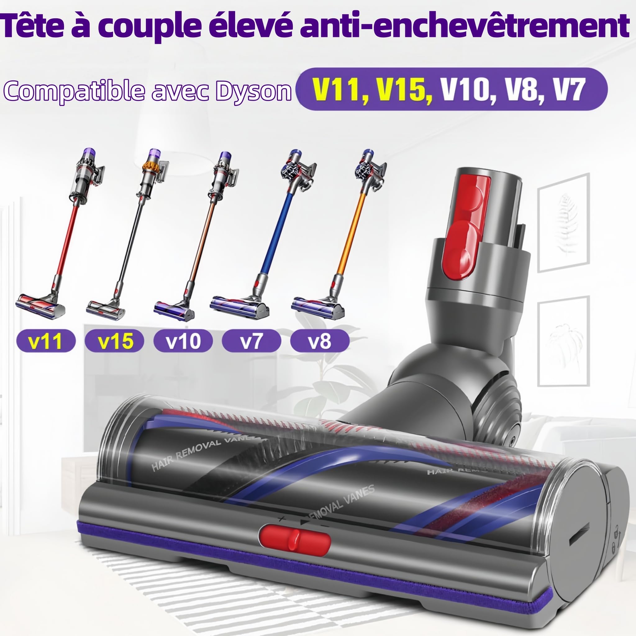 Brosse High Torque Anti-Enchevêtrement Compatible avec Dyson V15 V11 V10 V8 V7 SV14 SV22, Tête d'Aspirateur Motorisée de Rechange, Aspiration Réglable pour Tapis Sols Durs et Poils d'animaux