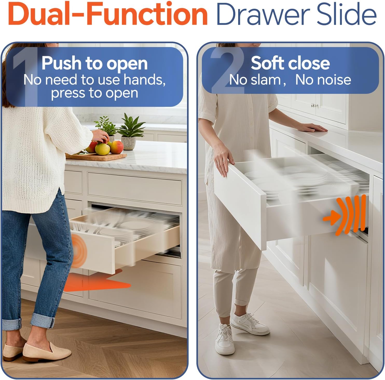 ToBeGreat Push to Open Soft Close Drawer Slides 18 Inch with Rear Bracket, Face Frame & Frameless Compatible, Full Extension Undermount, 3D Adjustable Metal Handles, 100 lb, Kitchen Cabinet, 1 Pair