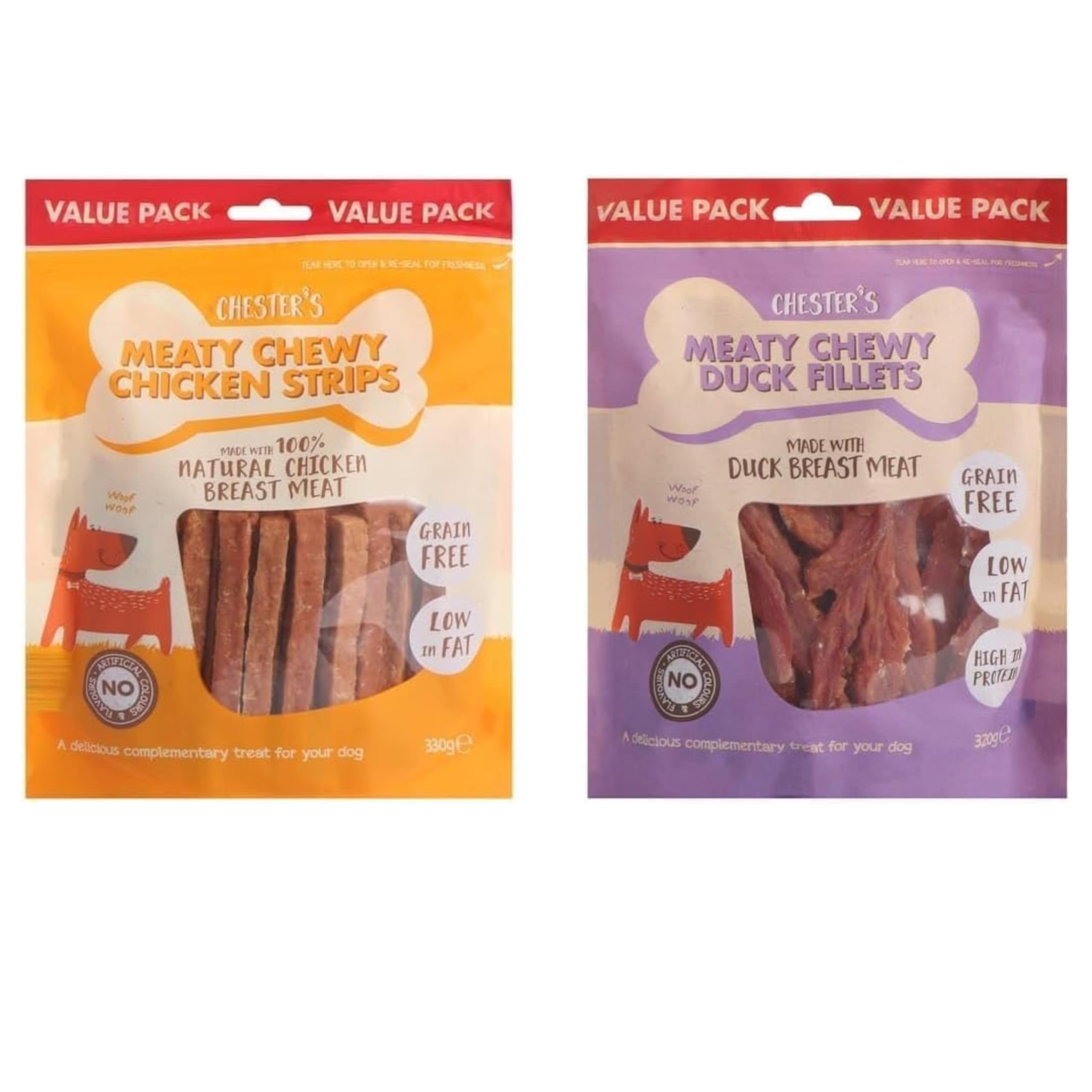 Chesters Meaty Chewy Dog Treats โ 2 Pack | High-Protein, Natural, Soft Chewy Snacks for Dogs (Chicken Strips & DuckFillets)