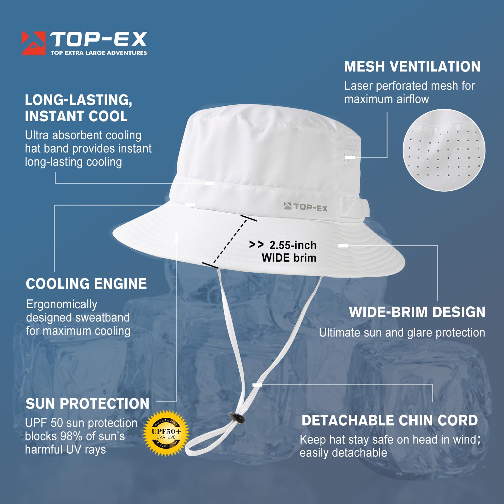 TOP-EX Cappello da sole unisex UPF 50, con fascia per il sudore fresca al tatto, per l'estate all'aperto, leggero e traspirante, ad asciugatura rapida e pieghevole, antivento e regolabile, 57-66 cm