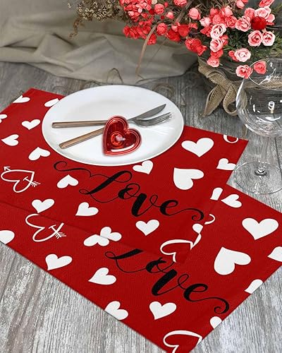 Miniatura 5 de Juego de 6 manteles individuales rojos para el día de San Valentín, diseño de corazón de San Valentín, resistentes al calor, lavables, manteles de