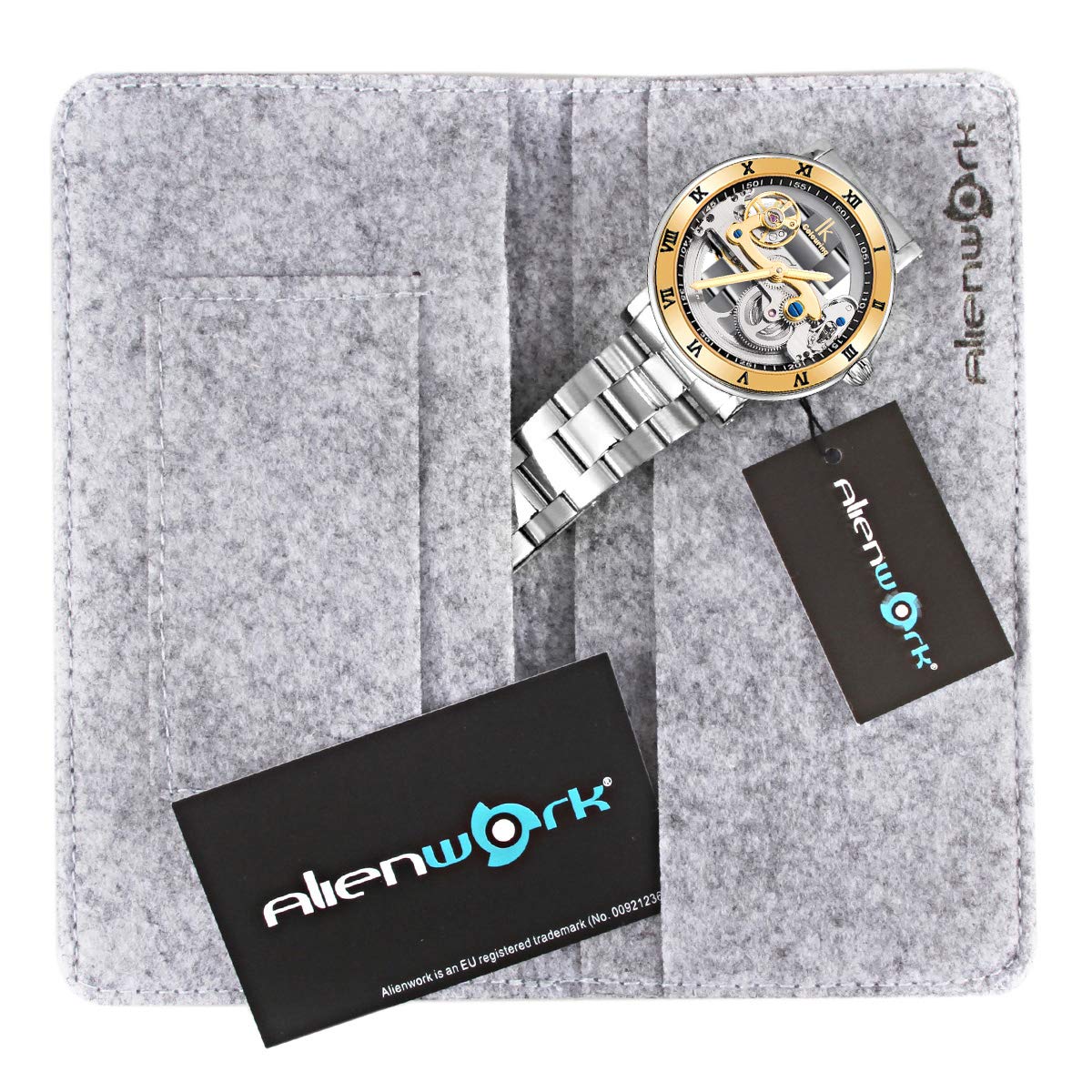 Alienwork IK Orologio Automatico Uomo Donna Scheletro Meccanismo a Ponte Fondo in Vetro
