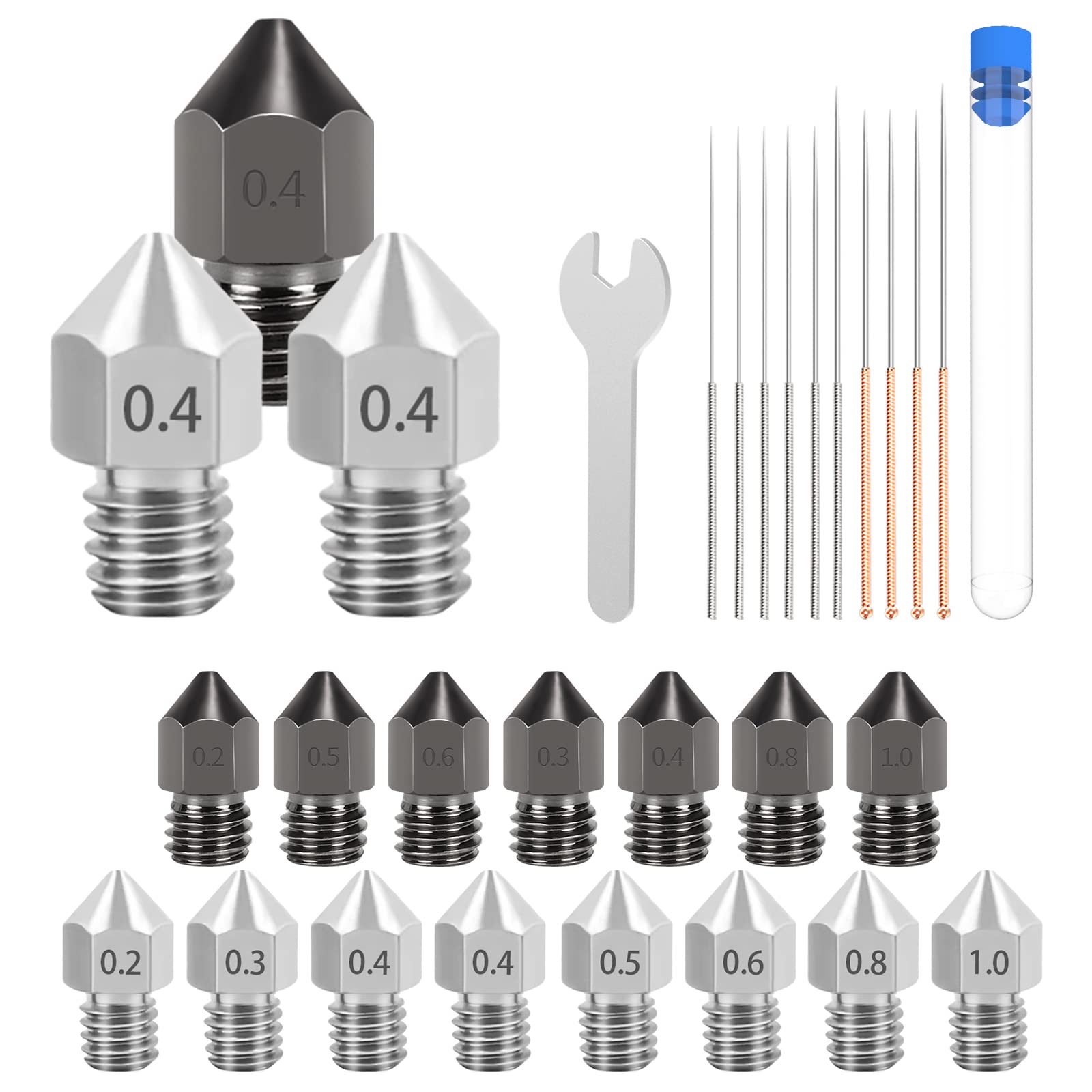 3D Printer Nozzles, 18PCS Hardened Steel and Stain Steel MK8 Extruder Nozzles 0.2mm, 0.3mm, 0.4mm, 0.5mm, 0.6mm, 0.8mm, 1.0mm with Cleaning Tool Kit for Aquila CR-10/ Ender 3/5, Ender 3/ V2,KP3S