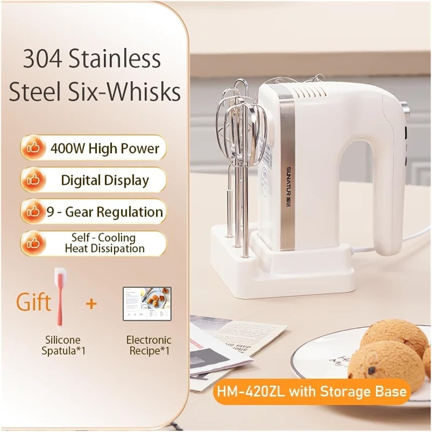 400W Hand Mixer with Electronic Control, 304 Stainless Steel 6-Rod Set & Storage Base - Heavy Duty Electric Kitchen Blender for Baking, Whipping, Mixingr