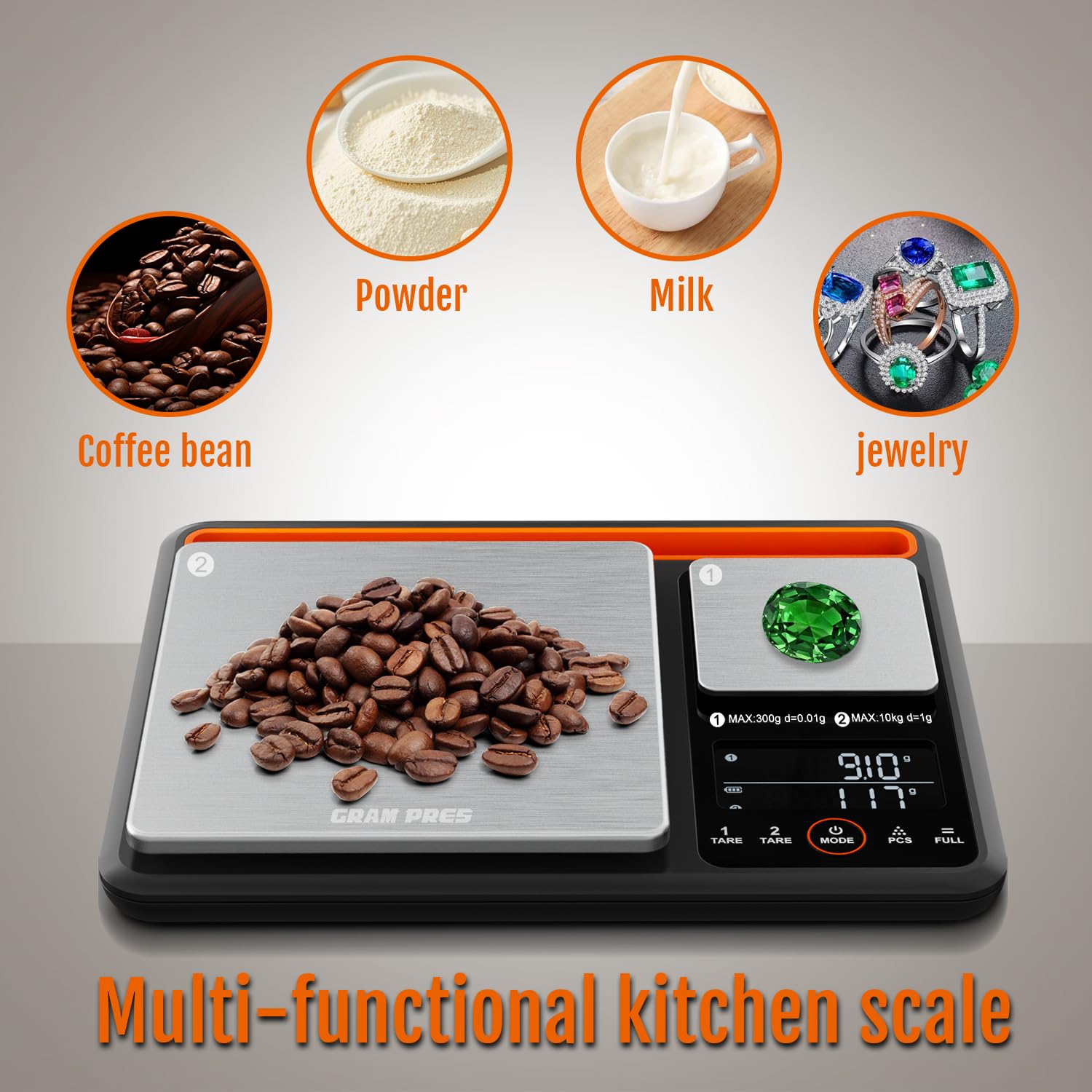 GRAM PRES Báscula digital de cocina y alimentos de doble plataforma, 0,01 g/300 g y 1 g/10 kg