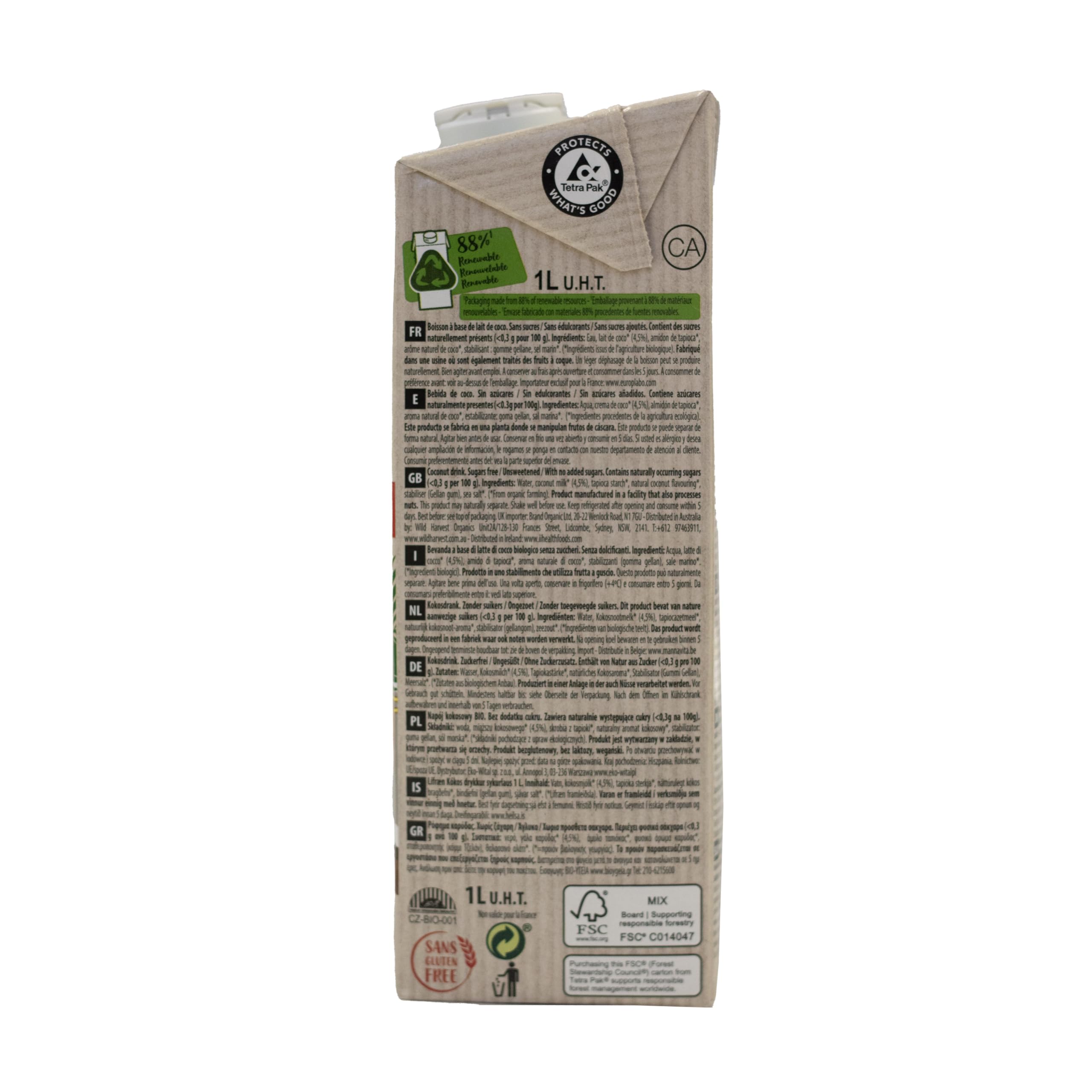 Ecomil - Bebida de Coco Ecológica, Bebida Vegetal, Leche de Coco Bio, Sin Azúcares, Fuente de Calcio, Ingredientes de Agricultura Ecológica - 1L