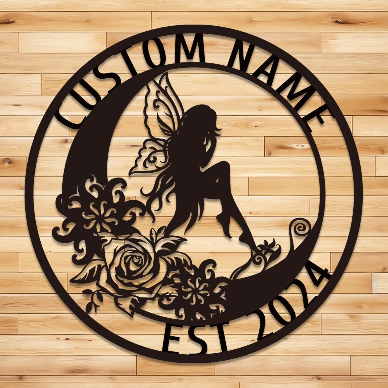 Custom Fairy On Moon Metal Wall Art, Personalized Fairy Name Sign Decoration For Room, Fairy Metal Home Decor, Custom Fairy, Fairy Foragers,Fairy Garden Metal Wall Hanging Kids Room Sign (Fairy A)