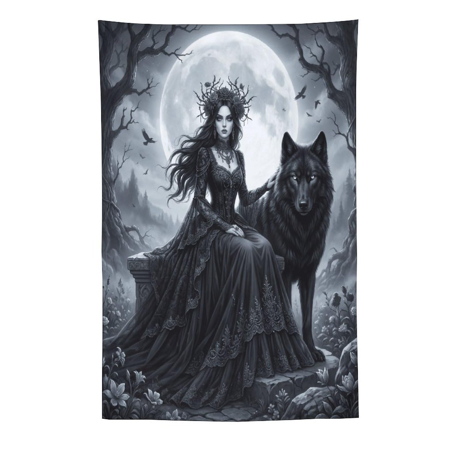 W7C8U2X3 Moonlit Wolf Queen Wall Tapestry, Realistic Illustration, Office