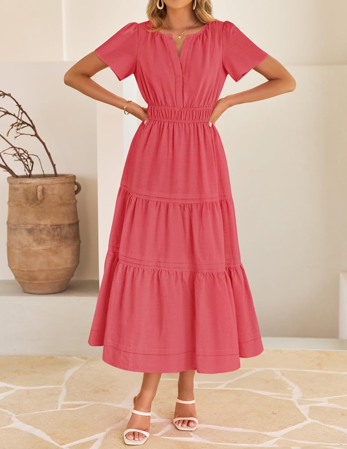 ZESICA Women's Summer Casual Short Sleeve Midi Dresses 2026 V Neck Elastic Waist Tiered Flowy Boho Dress with Pocket - Image 9