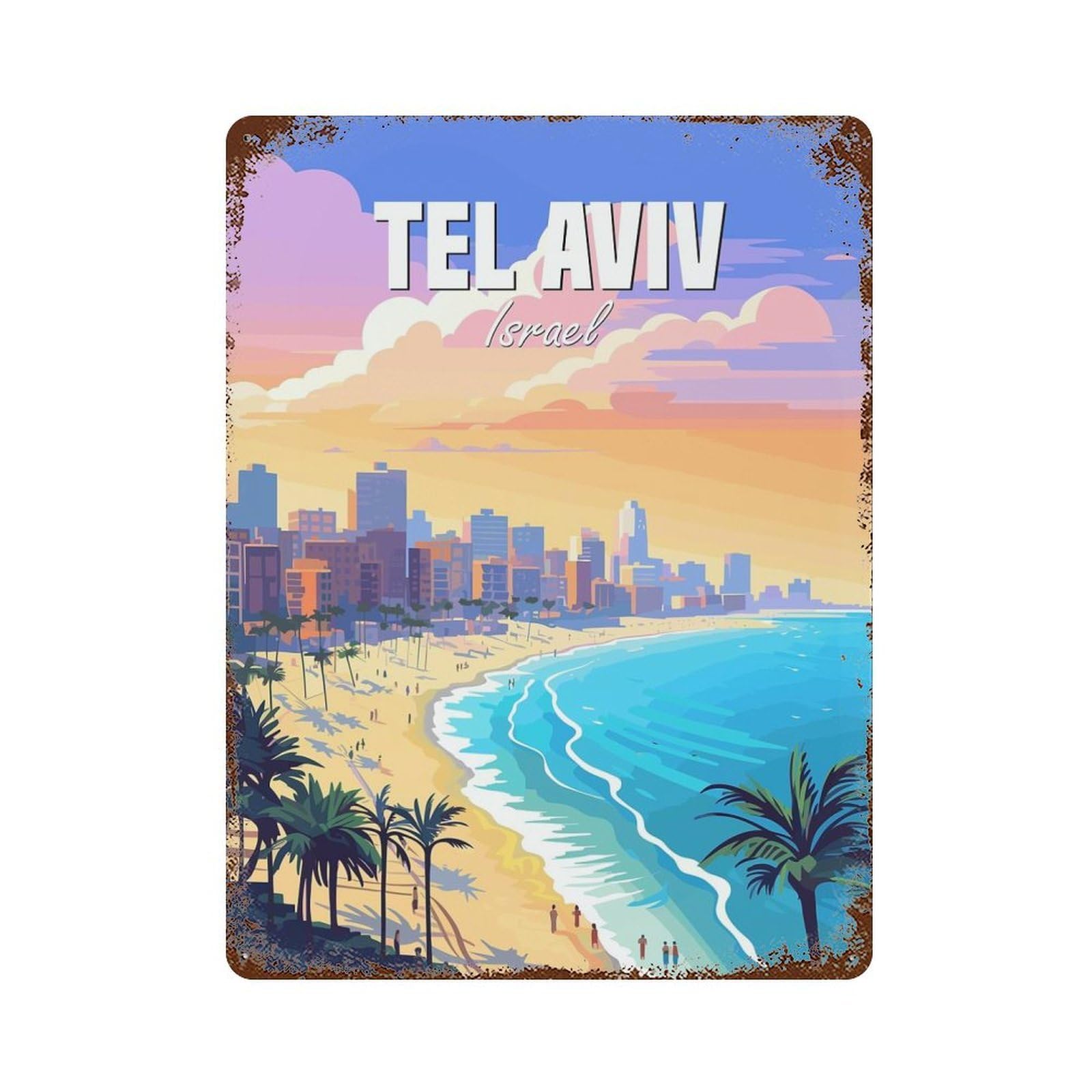 Tel Aviv Rust Effect Tin Sign 15.7"x11.8", Ideal for Shed, Workshop And Garage Wall Decor