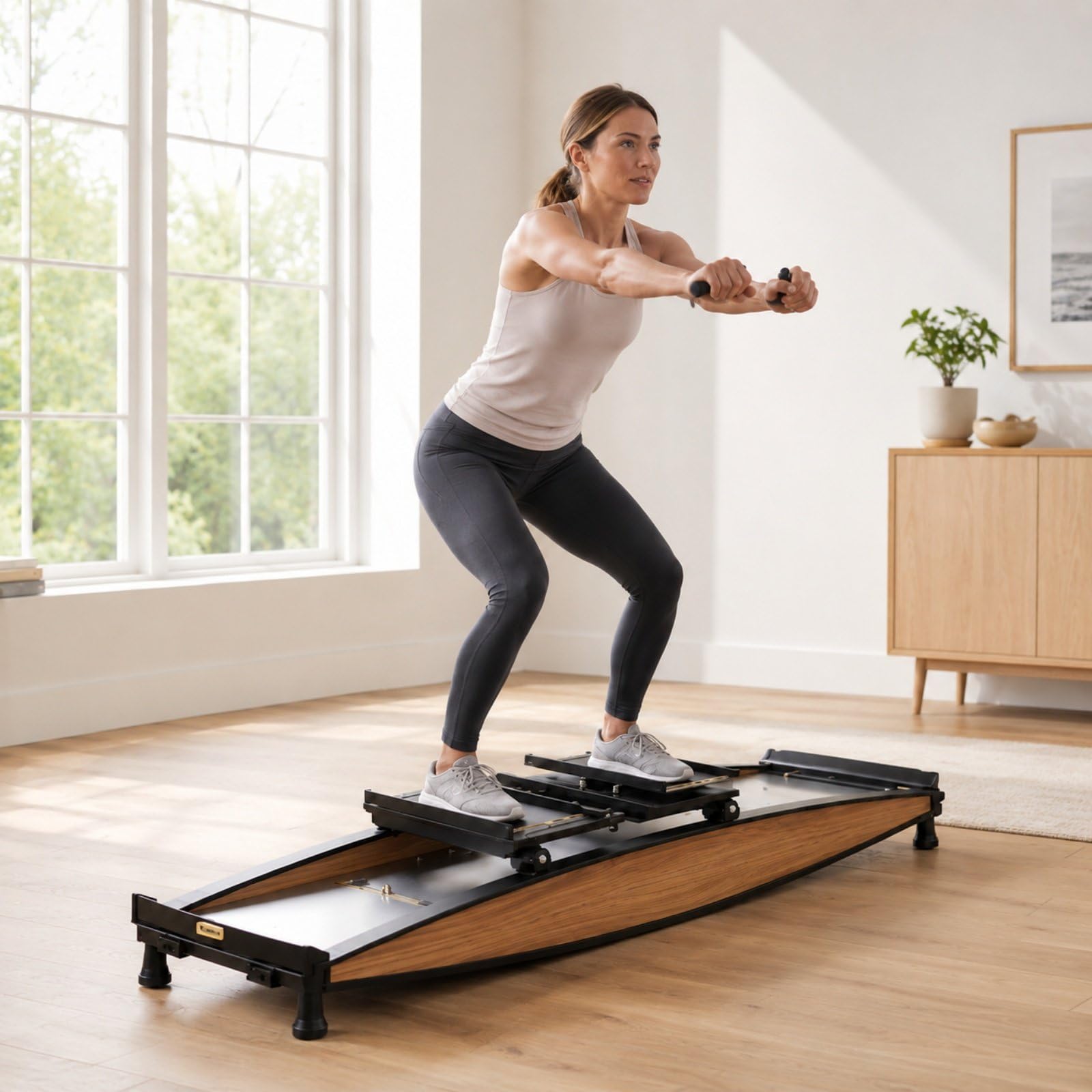 Simulatore di Sci Indoor, Macchina Sci Fitness con Resistenza 0-100 kg | 4 Livelli, Rulli in Gomma, Portata Max. 150 kg, Seduta Removibile, Tappetino per Casa a Fitness