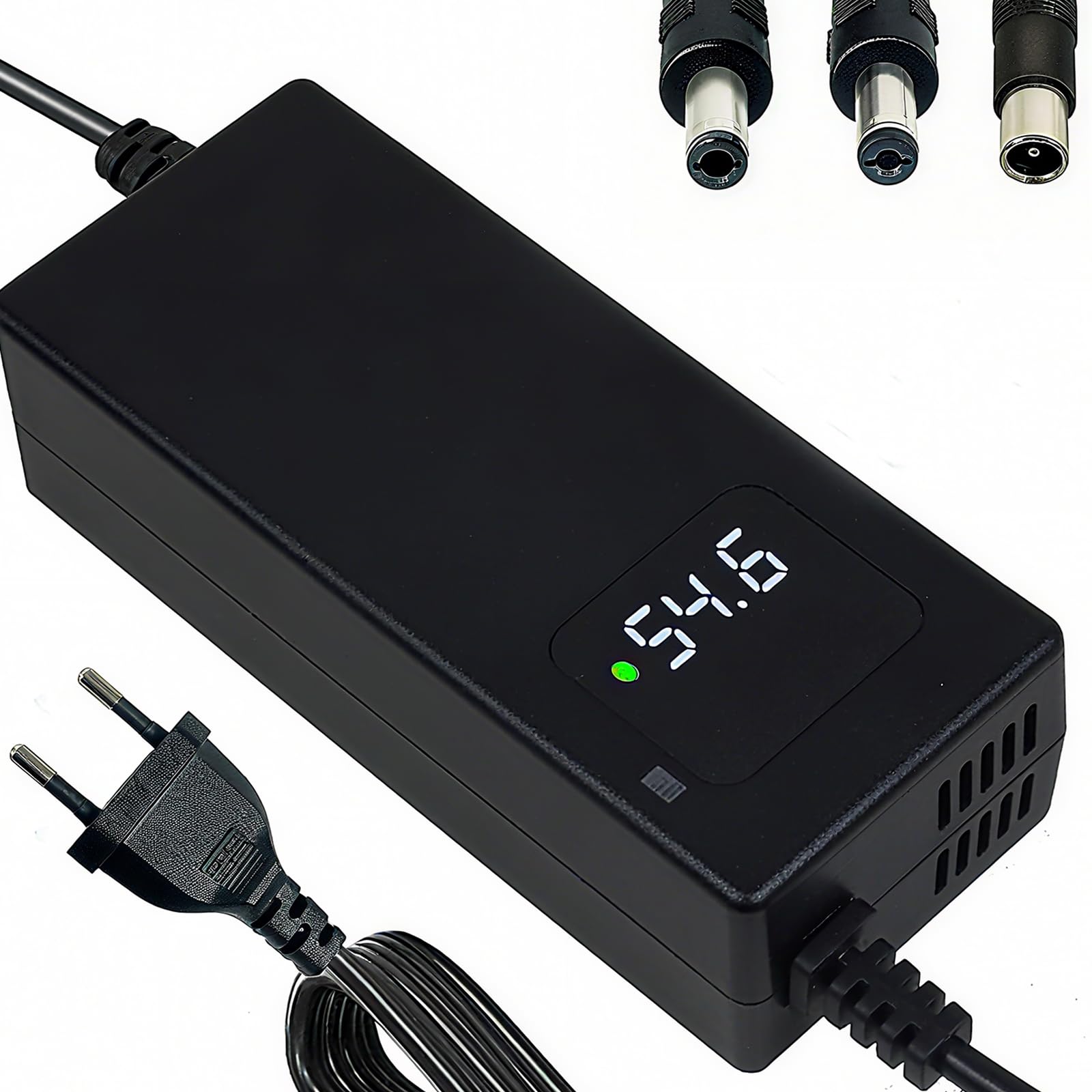 Caricatore rapido universale da 54,6 V 2 A con triple porte, ideale per dispositivi di mobilità personali, con monitoraggio della tensione in tempo reale, ricarica ottimizzata e ampia compatibilità.
