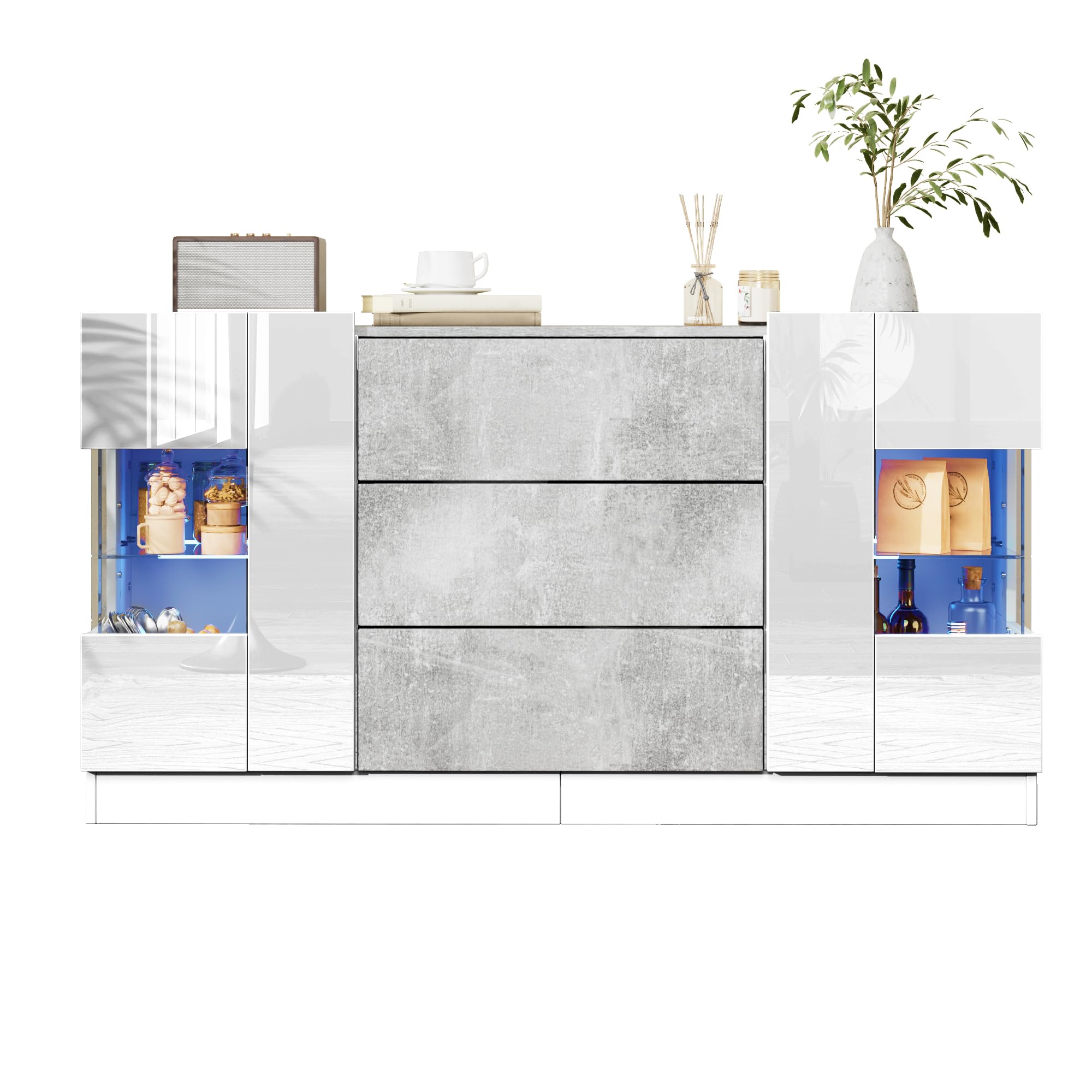 Azkoeesy Aparador de 140 cm, Vitrina con iluminación LED y Puertas/estantes de Cristal, cómoda con 3 cajones, Mueble de TV, Buffet, para salón, Comedor, Dormitorio, Color Gris + Blanco Brillante