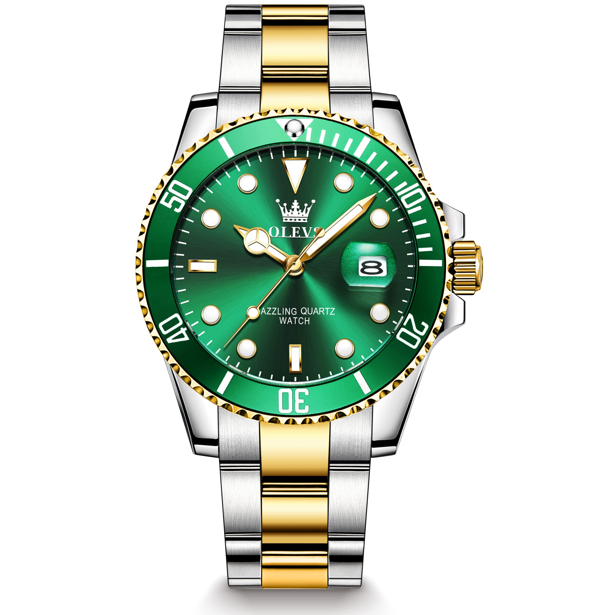 OLEVSMen's Stainless Steel Watch, Easy to Read Gold Silver Two Tone Analog Quartz Wristwatch, Luxury Rotating Bezel Magnified Date Waterproof Luminous Dress Watches for Men