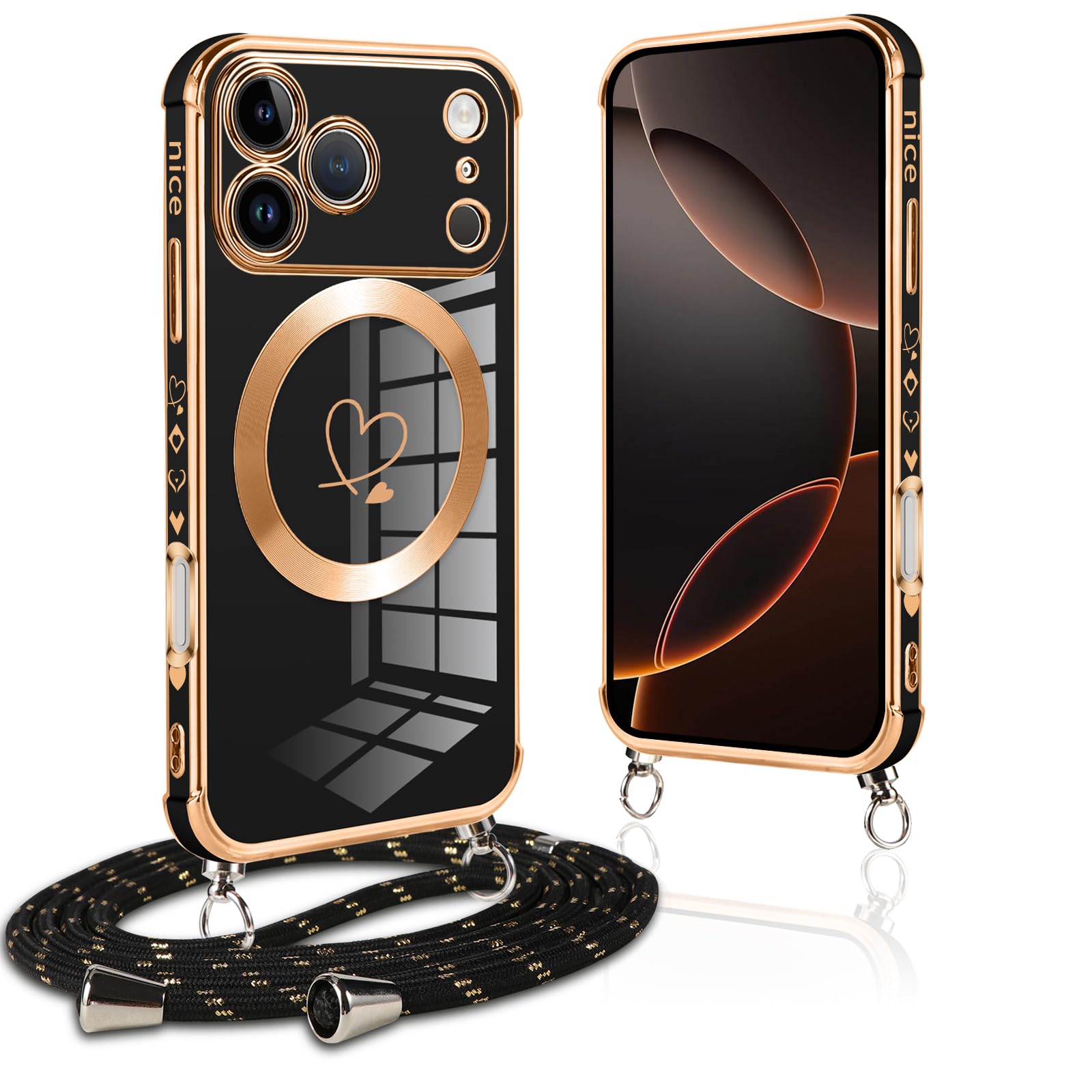 Custodia Magnetica Con Cordino Per IPhone 12 Pro – Cuore Luccicante, Compatibile MagSafe, Viola Oro