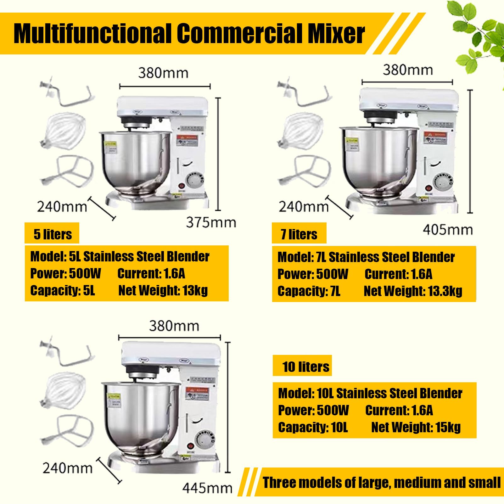 Impastatrice Commerciale Elettrica a Fustino, Planetaria 3 in 1 con Gancio Impastatore, Impastatrice in Acciaio Inossidabile 5L/7L/10L, Miscelatore Multifunzione per Pizzeria e Panificio 5L