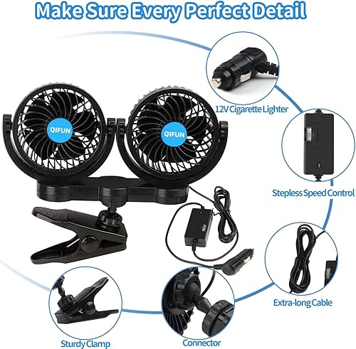 Miniatura 3 de QIFUN Ventilador de clip ajustable de doble cabeza de 12 V, ventiladores eléctricos de clip de coche de 4 pulgadas, ventilador de aire giratorio de