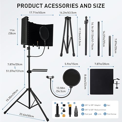 Miniatura 5 de Soporte de micrófono con escudo de aislamiento de 5 lados, cabina insonorizada de grado de estudio con filtro pop y espuma de alta densidad, trípode