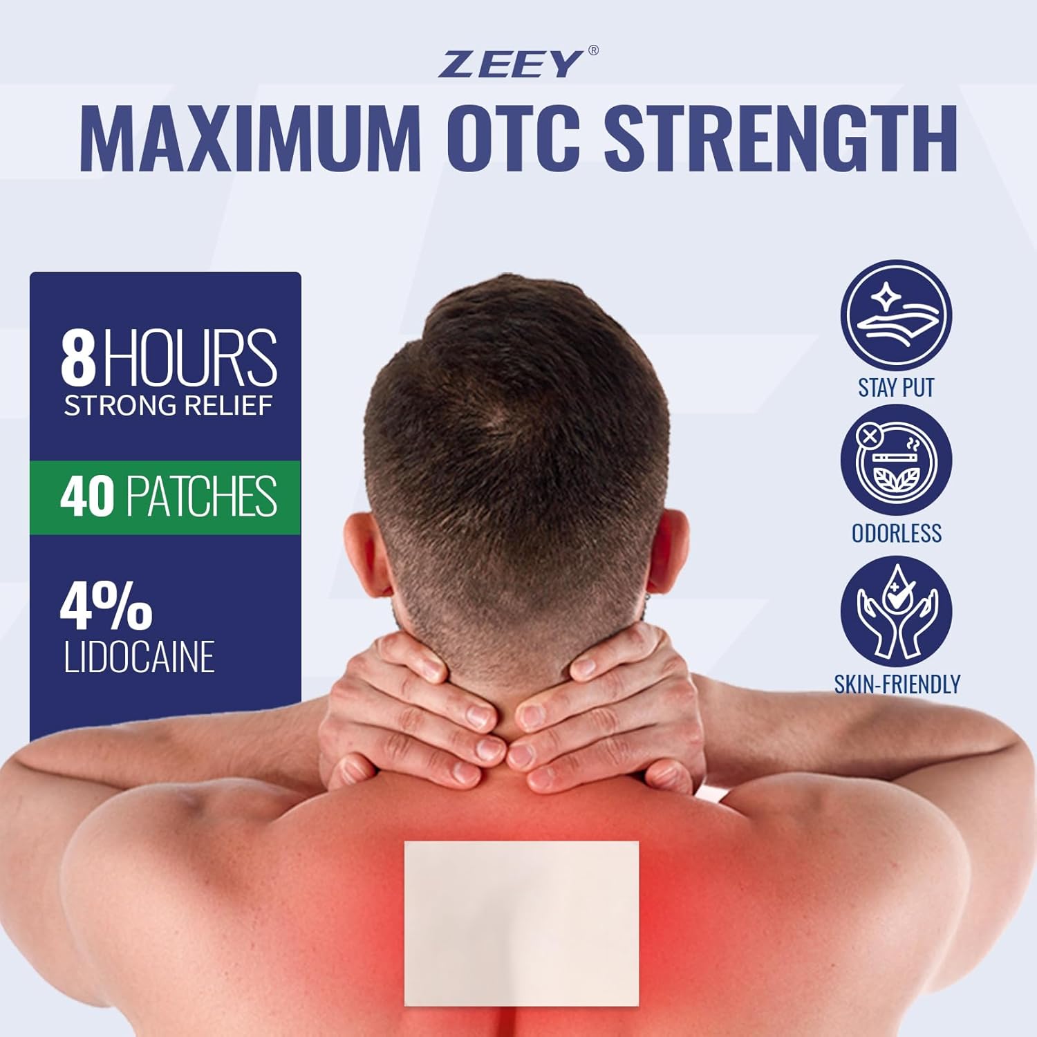 ZEEY 4% Lidocaine Pain Relief Patches, Maximum Strength OTC, for Back, Knee, Neck, Shoulders, Joints, Muscle Soreness, Fast Acting, Topical Anesthetic, Large Gel Patch, 5.5" x 3.94", 40Ct