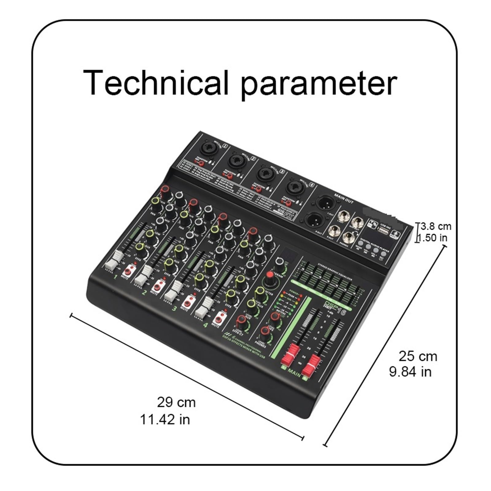 DJ Mix, Mixer DJ A 4 Canali Console di Missaggio Professionale 16 DSP Alimentazione Phantom 48V Individuale Riproduzione USB Registra Tavolo Professionale