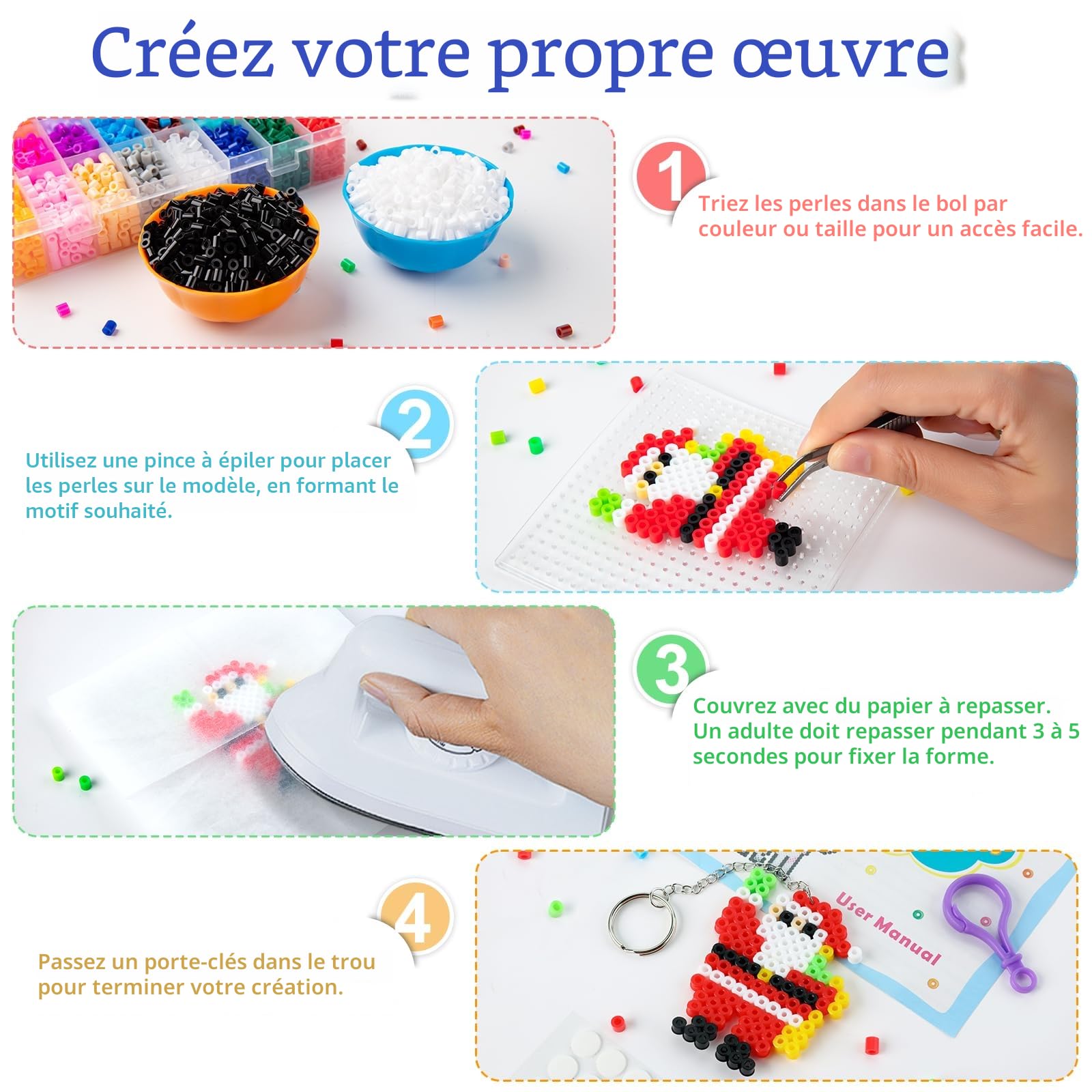 Sundaymot Kit de Perles à Repasser, 12 000 Perles de 5mm avec Trousse de Rangement, 26 Couleurs DIY, 4 Panneau Perforé, 2 Bols à Compartiments et Pince, Kit de Loisirs Créatifs pour Enfants dès 6 Ans