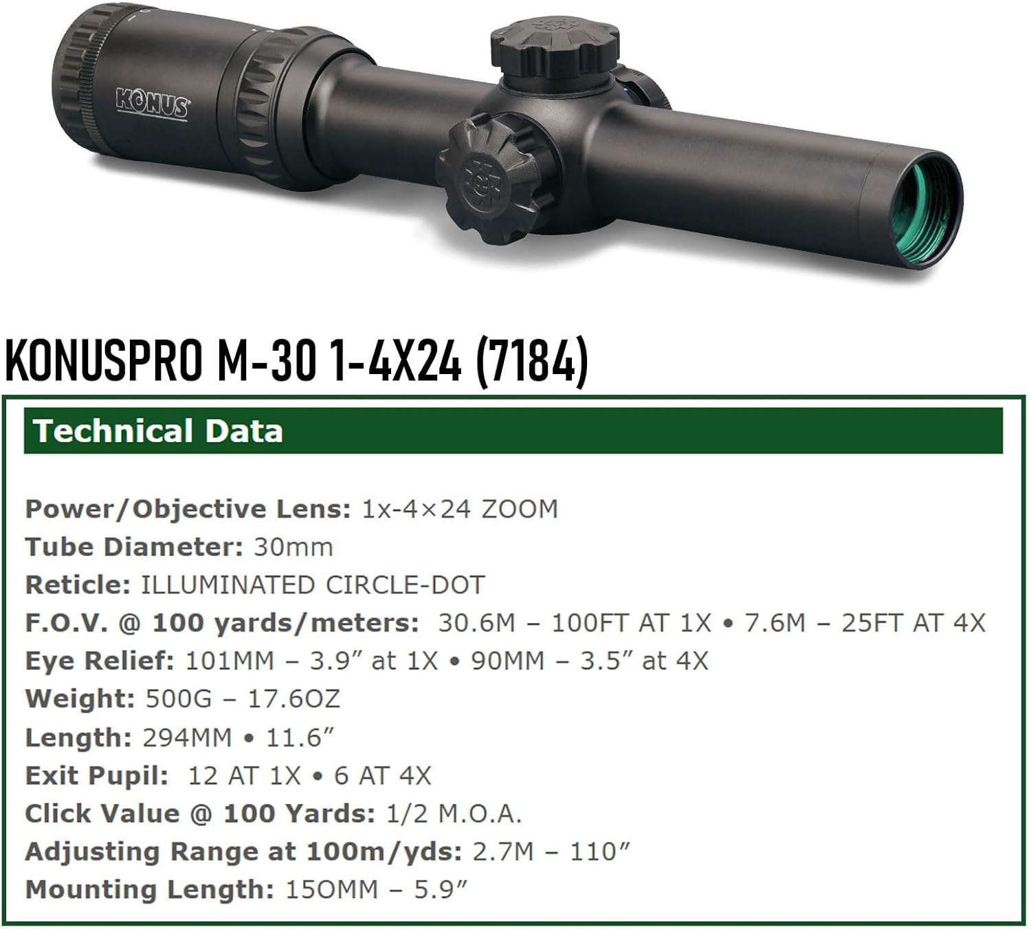 KONUSPRO M-30 1x-4x24mm Riflescope Technical Data